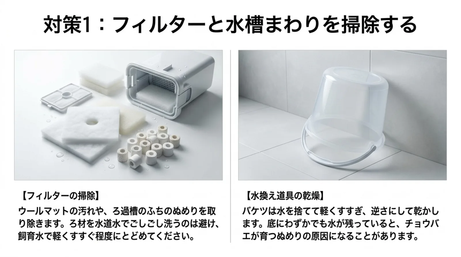 ウールマットやろ過槽のぬめりを取り除く掃除と、バケツを逆さにして乾かす水換え道具の片づけを説明したスライド