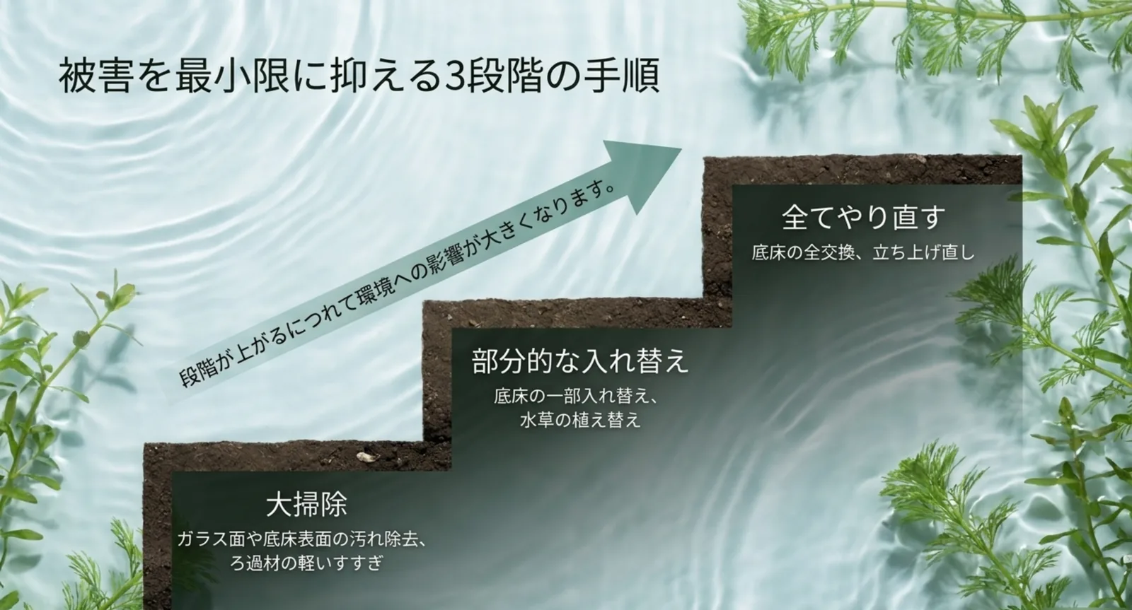 大掃除・部分的な入れ替え・全てやり直すという3段階を階段の図で示し、段階が上がるほど環境への影響が大きくなることを表したスライド