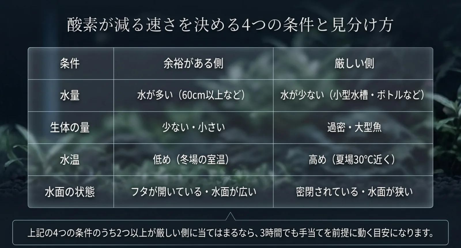 水量・生体の量・水温・水面の状態という4つの条件について、余裕がある側と厳しい側を左右に並べて比較した表のスライド