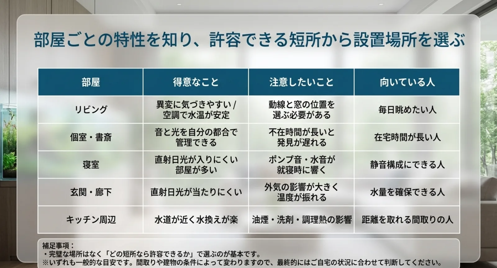リビング、個室、寝室、玄関、キッチン周辺について得意なことと注意したいことを並べた比較表