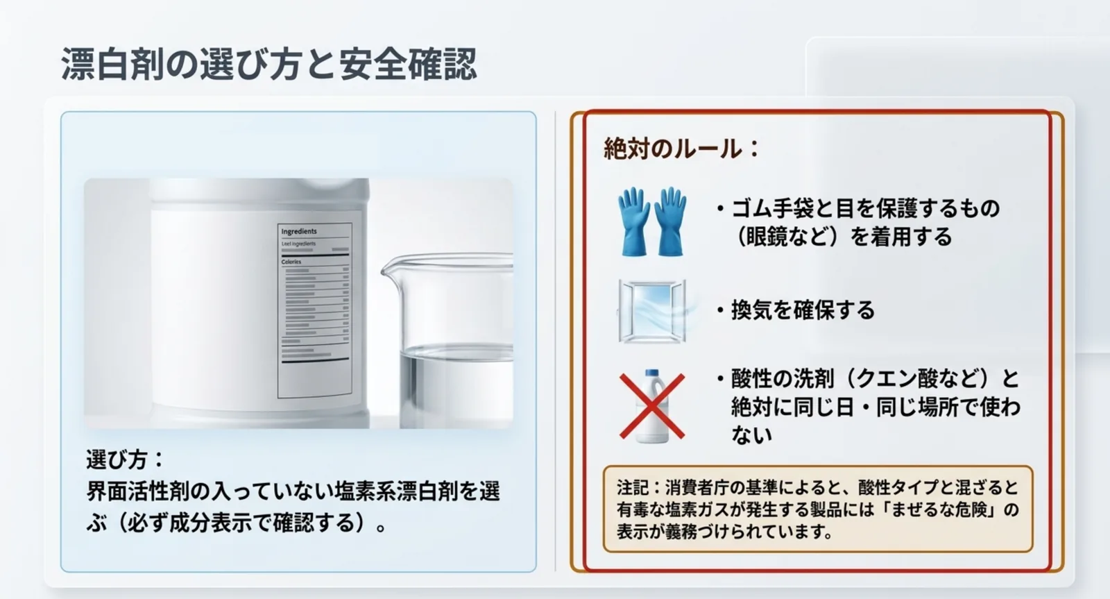 界面活性剤を含まない塩素系漂白剤を選ぶことと、手袋・目の保護・換気・酸性洗剤との併用禁止をまとめたスライド