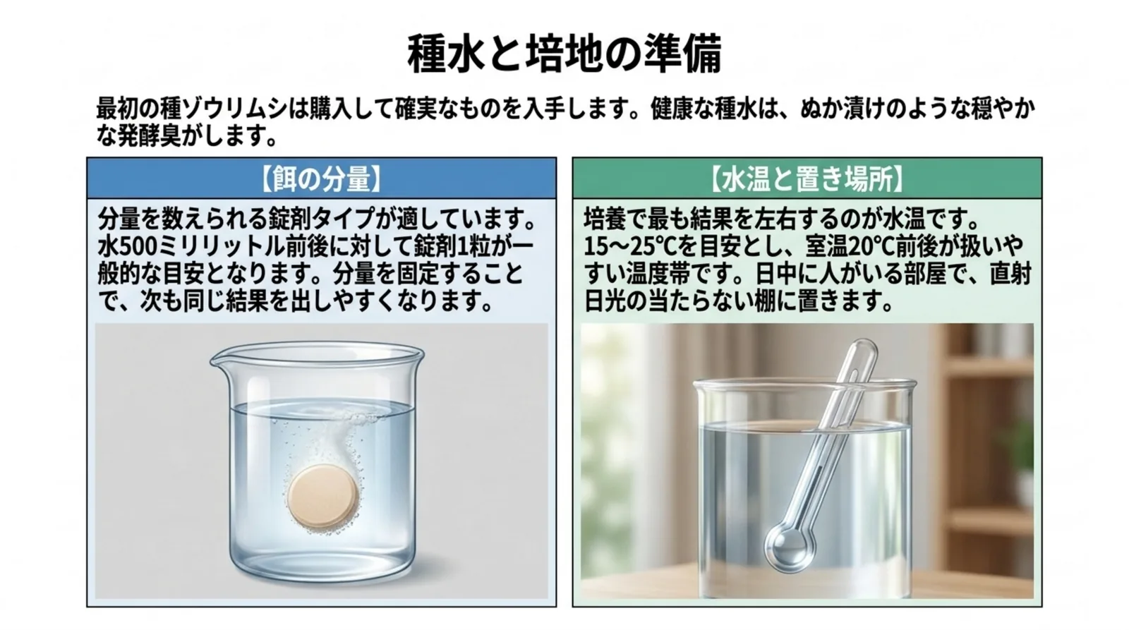 ビーカーの水に錠剤が沈む図と水に差した温度計の図を並べ、水500mL前後に錠剤1粒の分量と15〜25℃の置き場所の目安を示したスライド