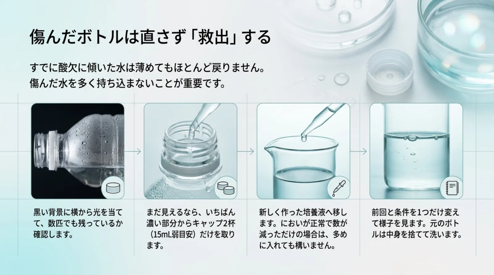 光を当てて生き残りを確かめる、濃い部分からキャップ2杯を取る、新しい培養液へ移す、条件を1つだけ変える、の4段階をボトルとスポイトの写真で示したスライド