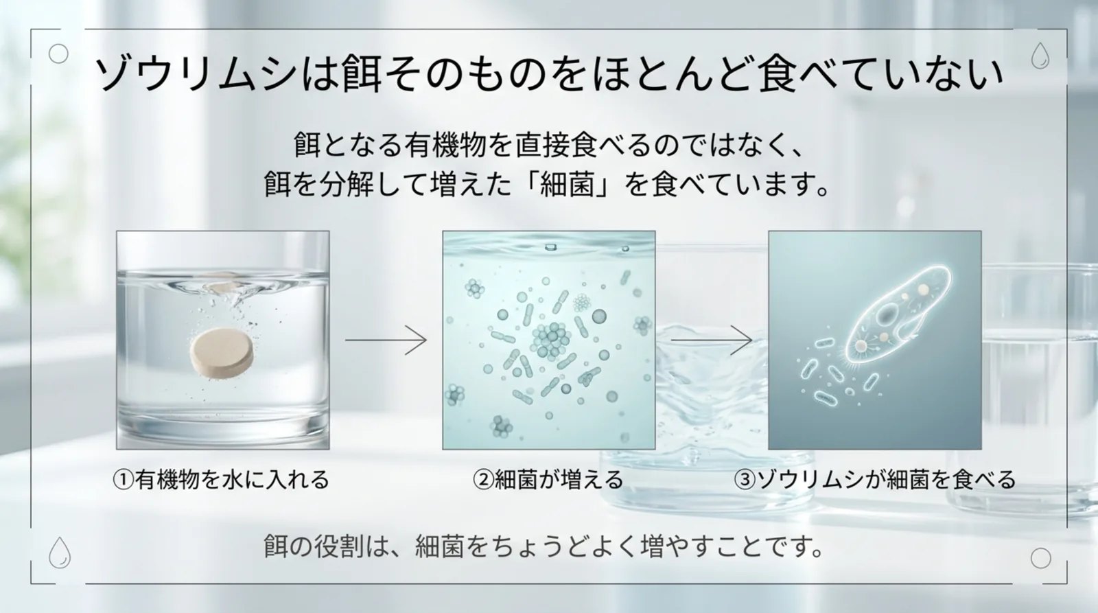 水に入れた錠剤から細菌が増え、その細菌をゾウリムシが食べる流れを3つの図で示し、餌の役割は細菌をちょうどよく増やすことだと添えたスライド