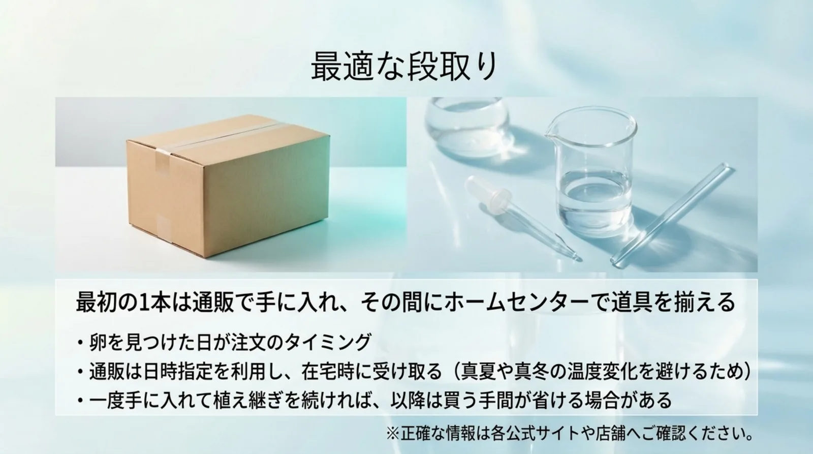 段ボール箱とビーカーの写真とともに、通販で種を頼みその間にホームセンターで道具をそろえる段取りと、日時指定で受け取る注意を示したスライド