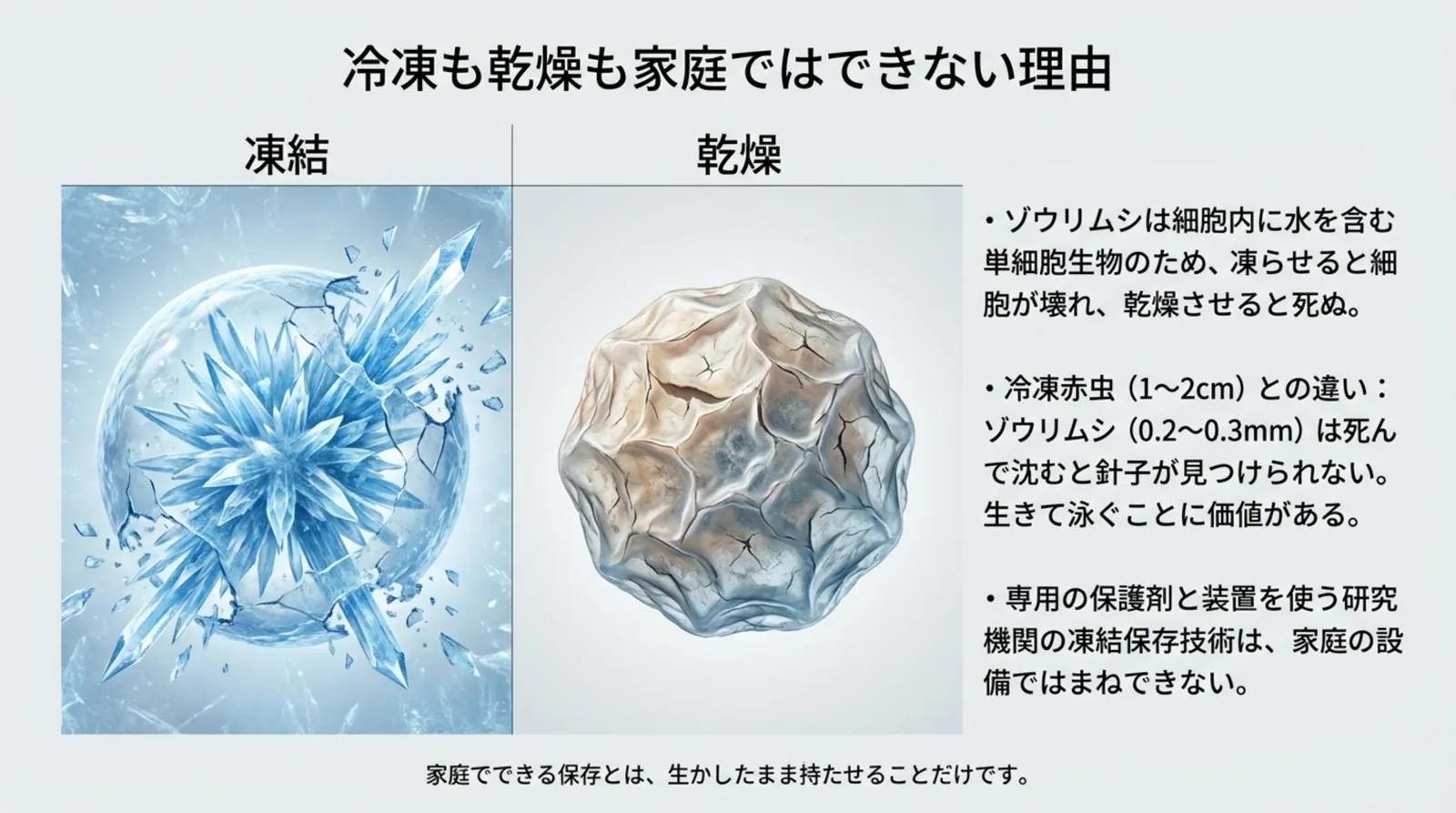 凍って砕ける細胞とひび割れた乾いた細胞のイメージを並べ、単細胞生物のため凍結も乾燥も家庭ではできないことと冷凍赤虫との違いを示したスライド