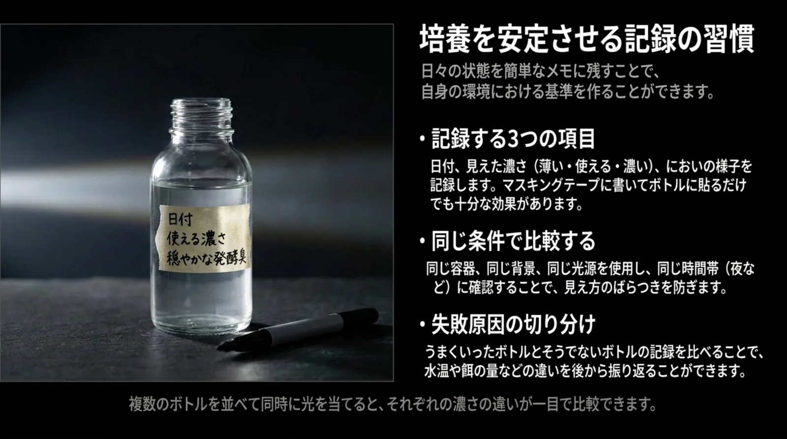 日付と濃さとにおいを書いたマスキングテープを貼った小瓶の写真とともに、記録する3項目と同じ条件で比べることを示したスライド