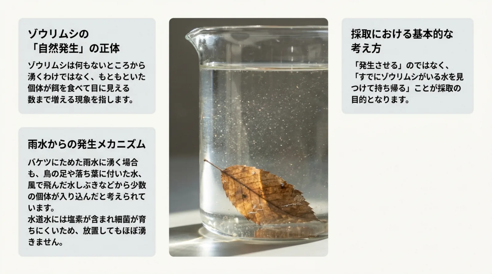 落ち葉を沈めたビーカーの写真の両側に、もともといた個体が増えて見えるようになる現象であることと、採取はゾウリムシがいる水を見つけて持ち帰ることだと説明したスライド