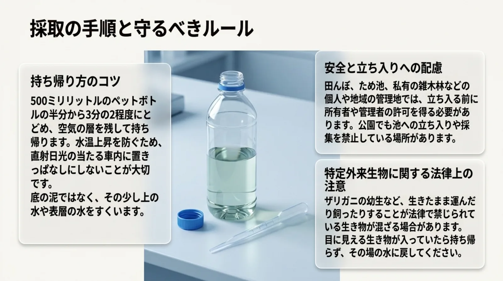 水を半分ほど入れたペットボトルとスポイトの写真の両側に、持ち帰り方のコツ、立ち入りの許可、特定外来生物を持ち帰らない注意を並べたスライド