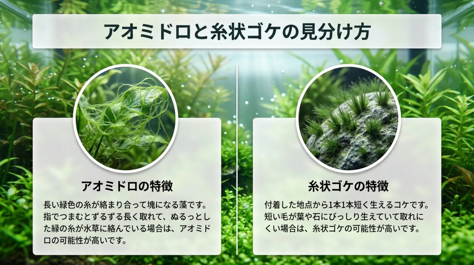 長い糸が絡まるアオミドロと、付着した地点から1本ずつ短く生える糸状ゴケの特徴を左右に並べたスライド