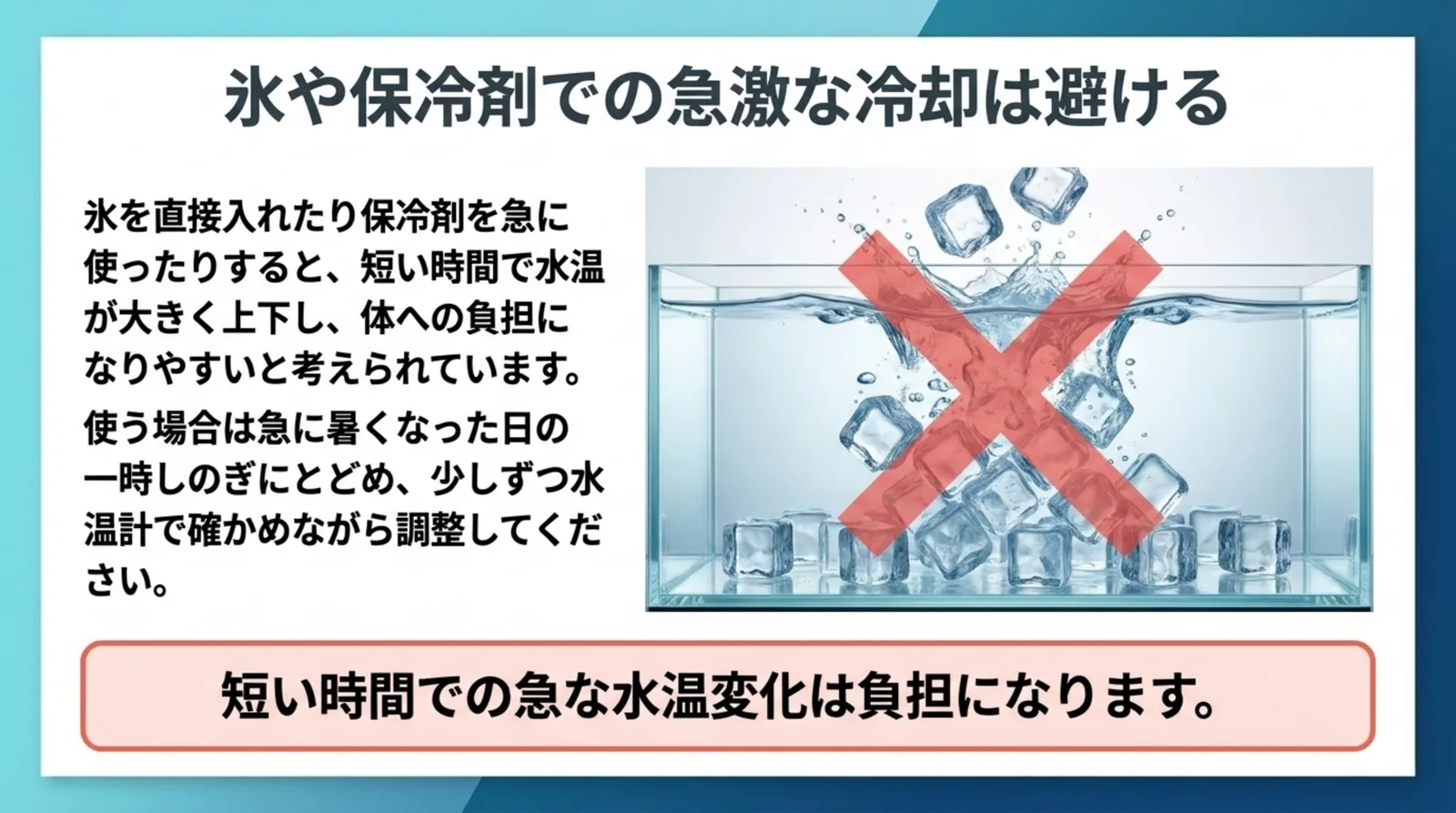 水槽に氷を大量に入れる様子にバツ印を付け、短い時間での急な水温変化は負担になると説明したスライド