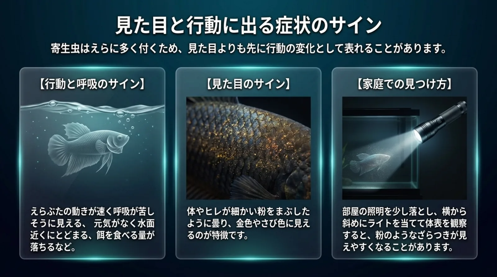 えらぶたの動きが速いなどの行動と呼吸のサイン、体やヒレが金色の粉をまぶしたように見えるサイン、横からライトを当てる見つけ方を3つ並べたスライド