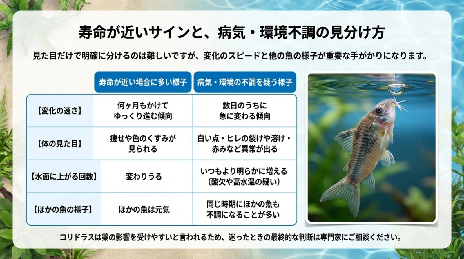 変化の速さ・体の見た目・水面に上がる回数・ほかの魚の様子の4項目で、寿命が近い場合と病気や環境不調を疑う場合を比べた表のスライド