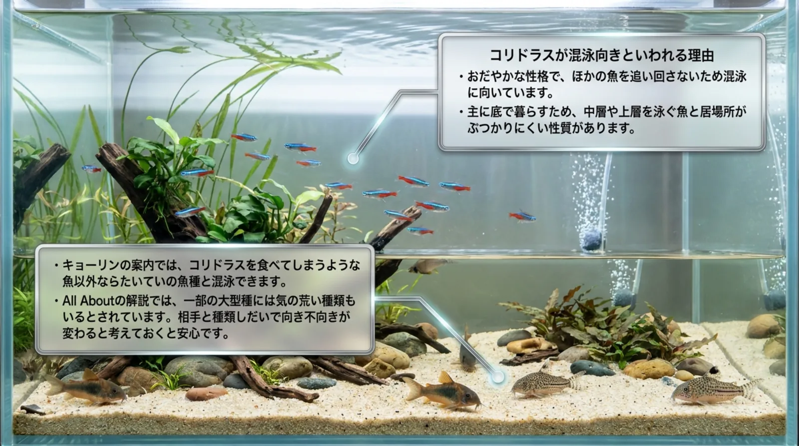中層を泳ぐネオンテトラと底にいるコリドラスの水槽写真に、おだやかで底に暮らすため混泳向きといわれる理由を添えたスライド