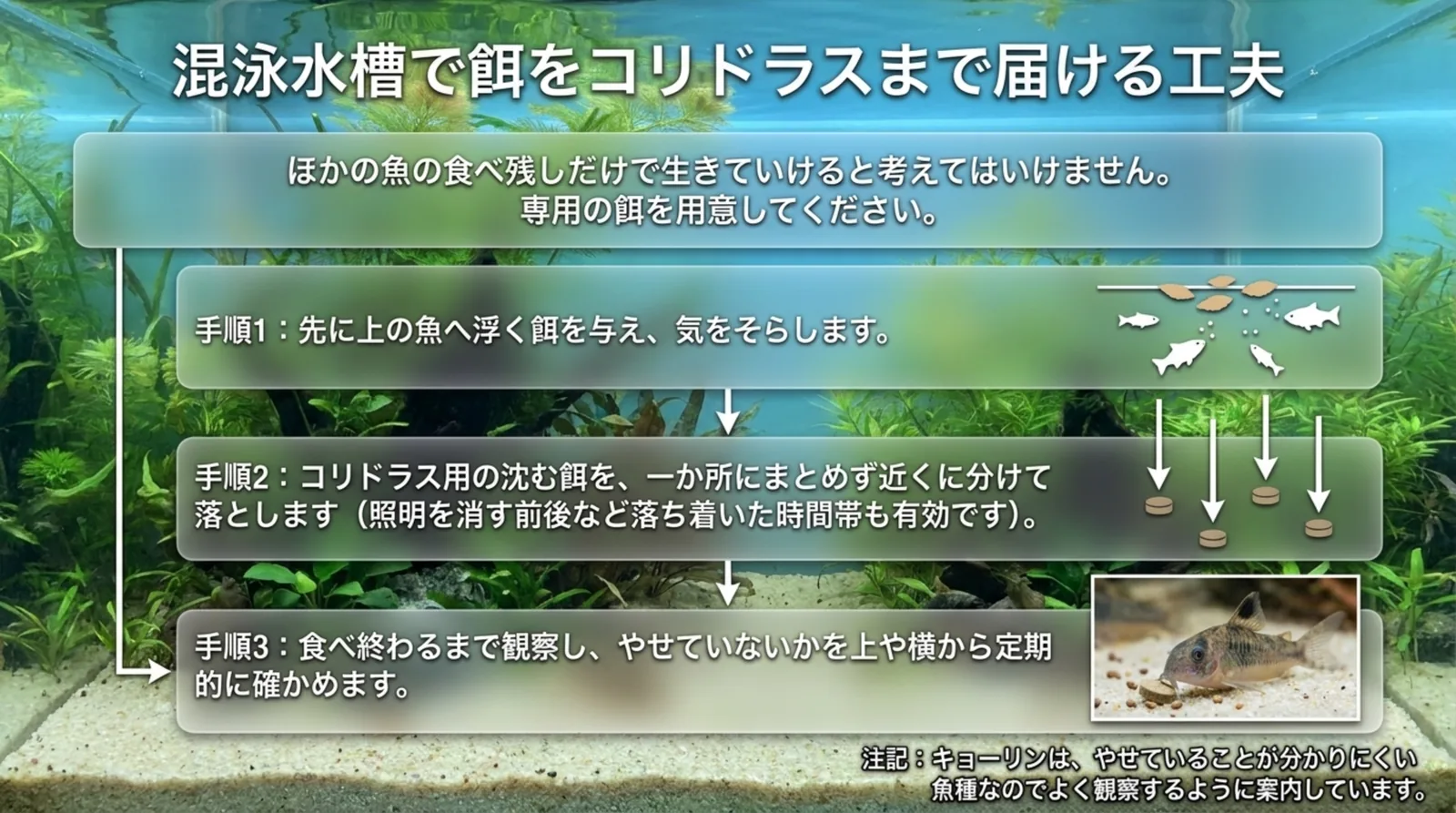 上の魚に浮く餌を与えてからコリドラス用の餌を分けて沈め、食べ終わるまで観察する3つの手順を示したスライド