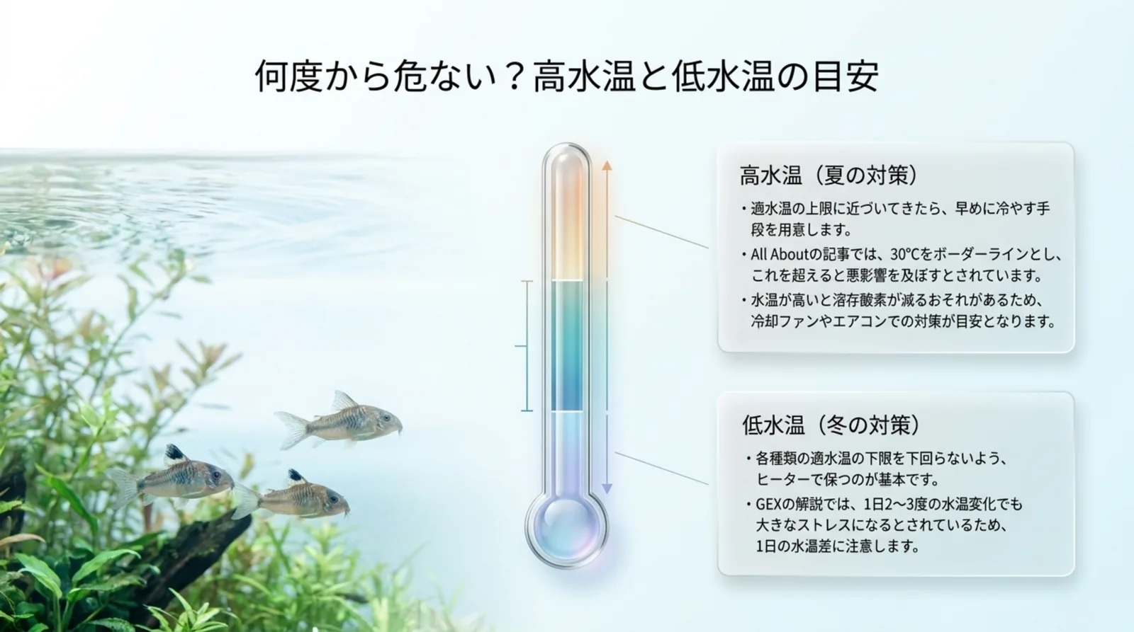 温度計のイラストの横に、夏の高水温対策と冬の低水温対策の要点を並べたスライド