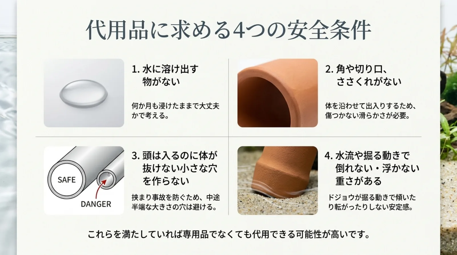 水に溶け出す物がない・角や切り口がない・小さな穴を作らない・倒れず浮かないという隠れ家の4つの安全条件をまとめたスライド