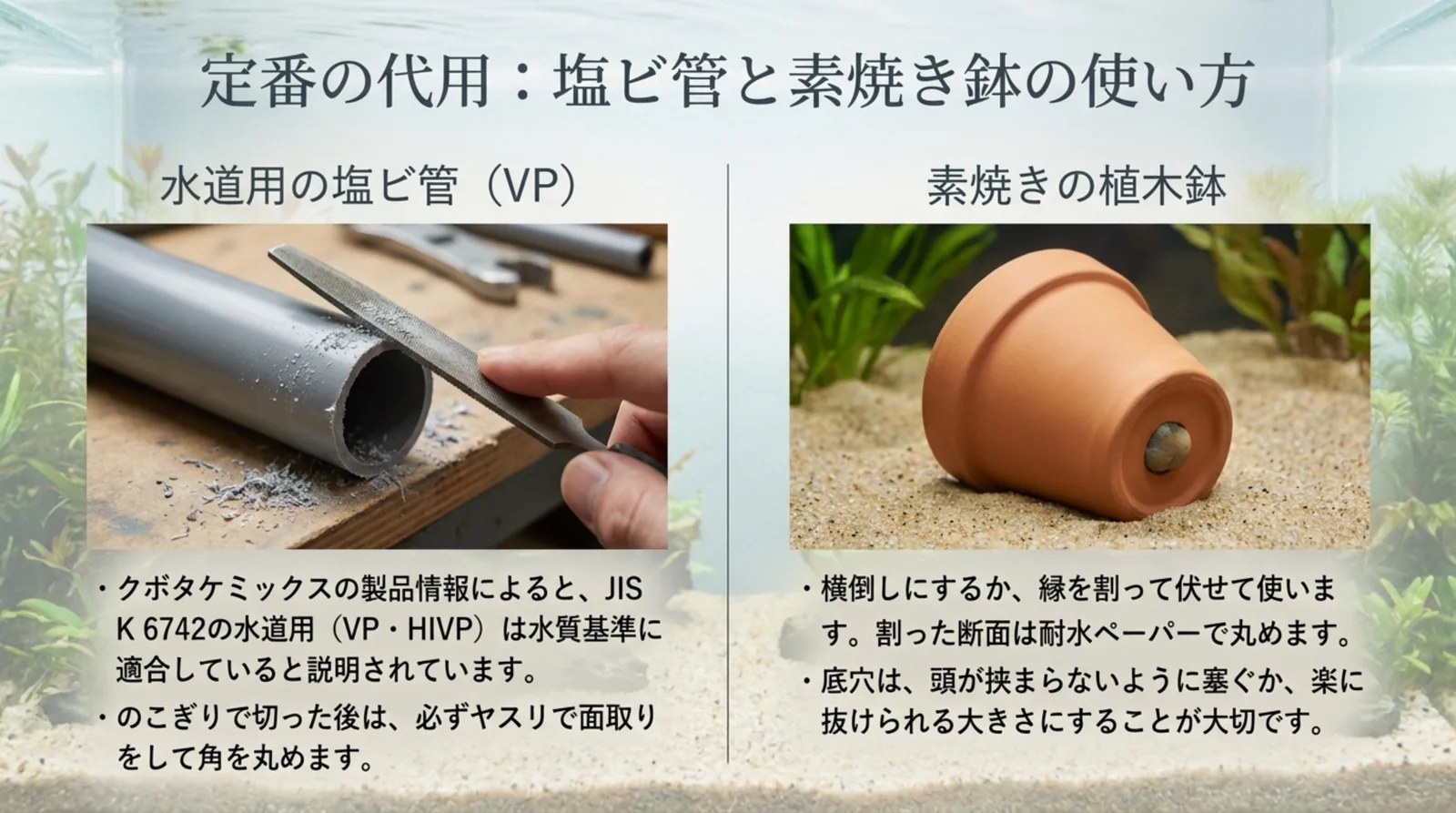 水道用の塩ビ管の切り口をヤスリで面取りする様子と、底穴をふさいで横倒しにした素焼きの植木鉢を並べたスライド