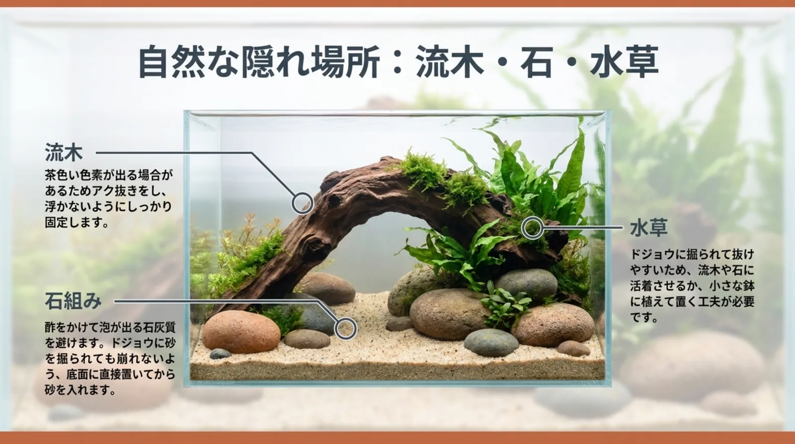 流木のアーチと石組み、水草で隠れ場所を作った水槽レイアウトと、それぞれの注意点を示したスライド