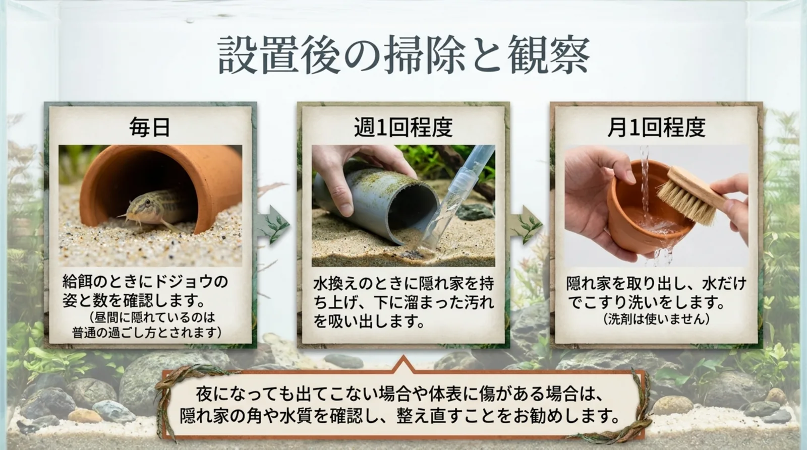 毎日の数の確認、週1回程度の汚れの吸い出し、月1回程度の水洗いという隠れ家の手入れの流れを示したスライド