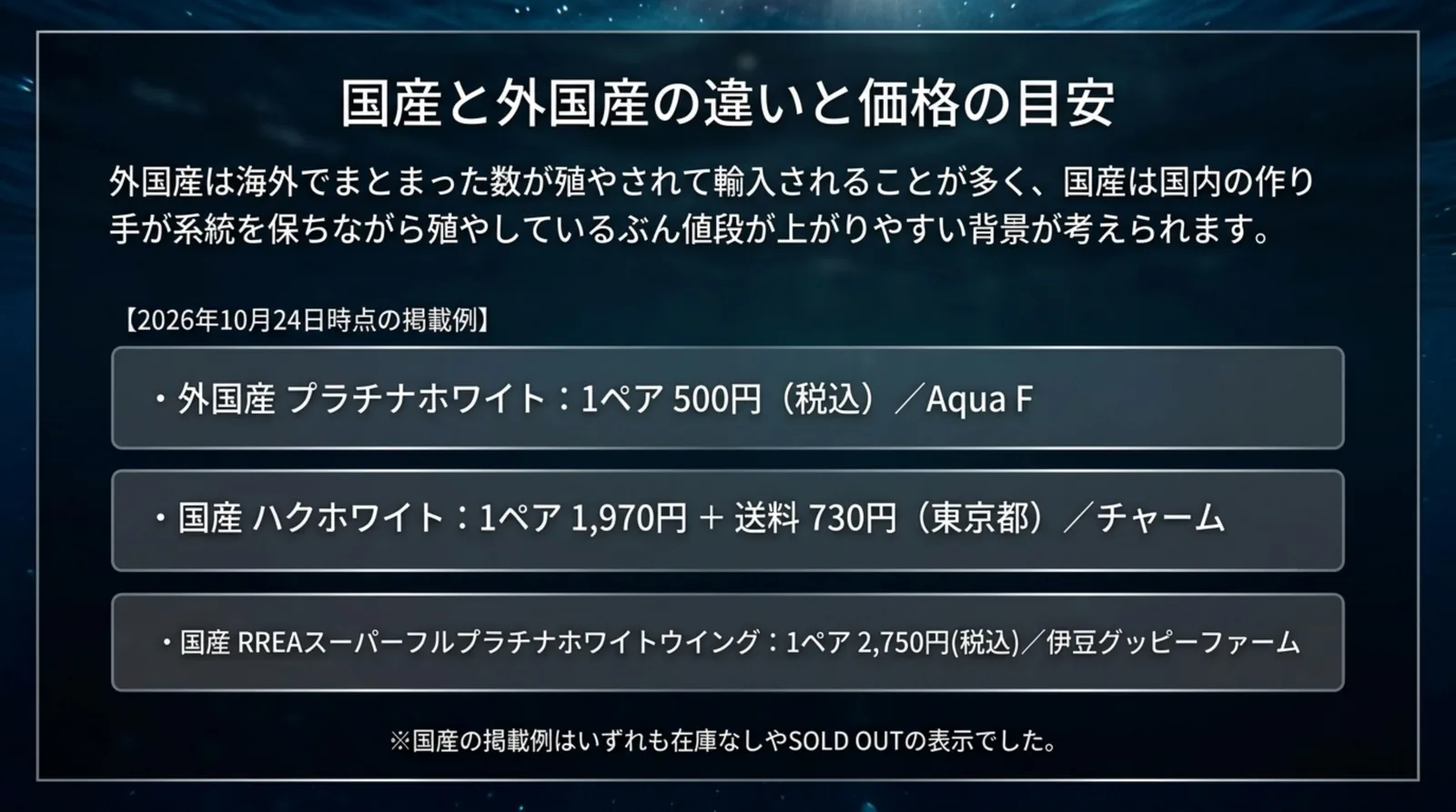 2026年10月24日時点の外国産プラチナホワイトと国産の白系グッピーの掲載価格を並べたスライド