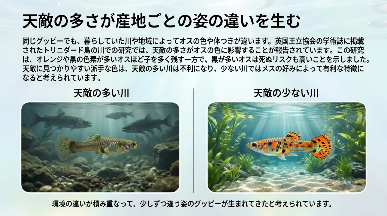 天敵の魚が多い川の地味なグッピーと、天敵の少ない川のオレンジ色が目立つグッピーを並べ、トリニダードの研究を説明したスライド