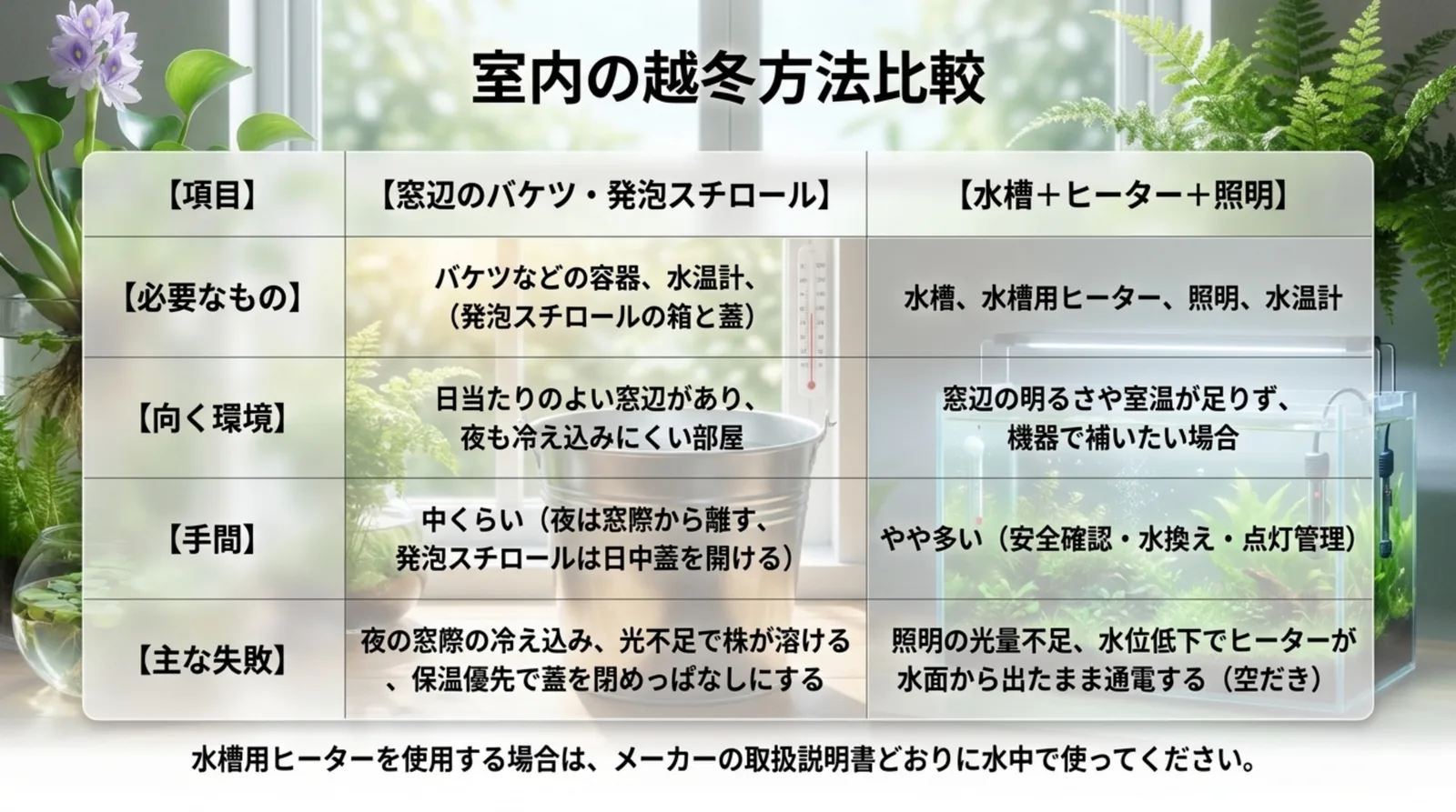 窓辺のバケツや発泡スチロールと、水槽にヒーターと照明を組み合わせる方法を、必要なもの・向く環境・手間・主な失敗で比べた表のスライド