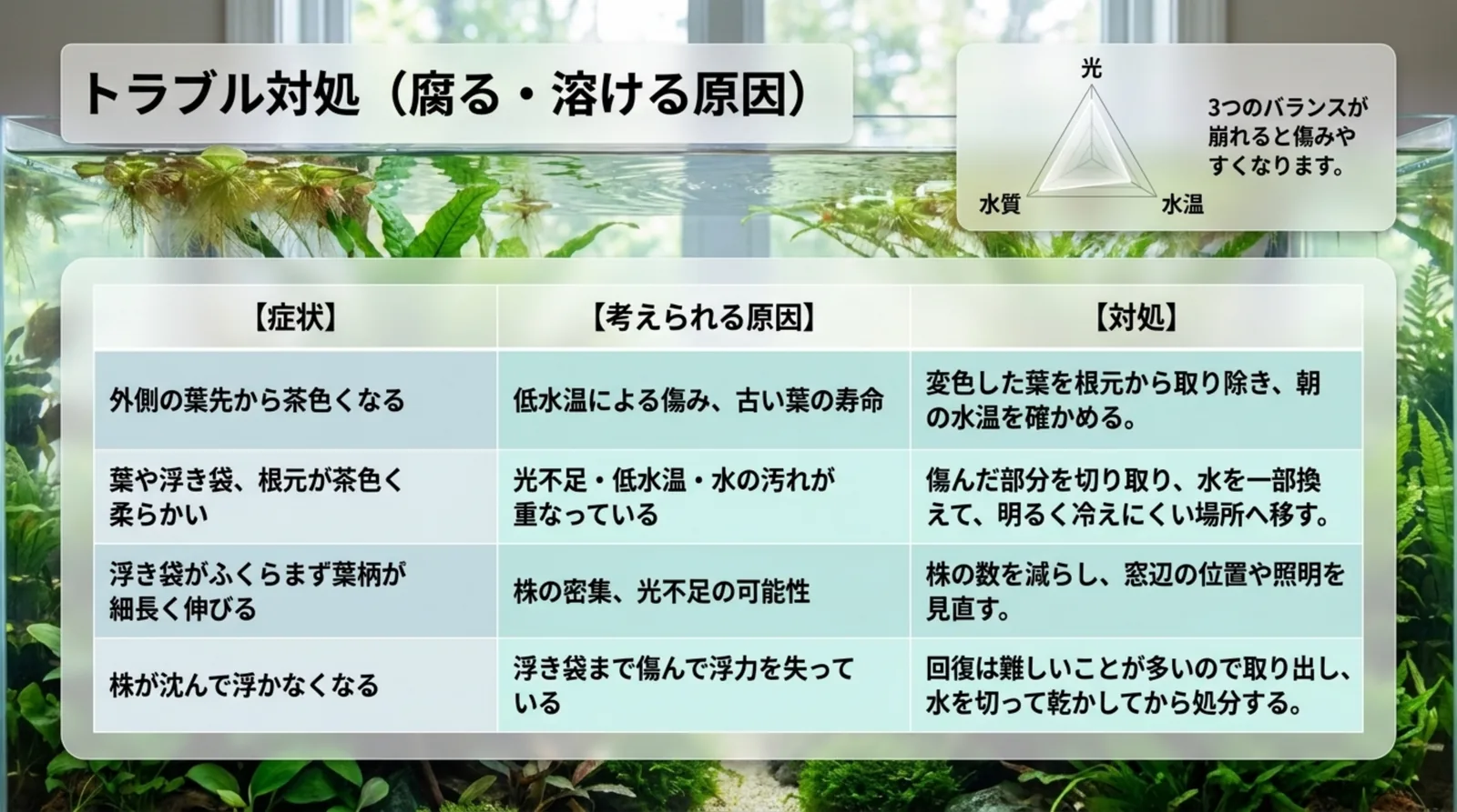 葉先の変色や浮き袋の傷み、株が沈むなどの症状ごとに考えられる原因と対処をまとめた表のスライド