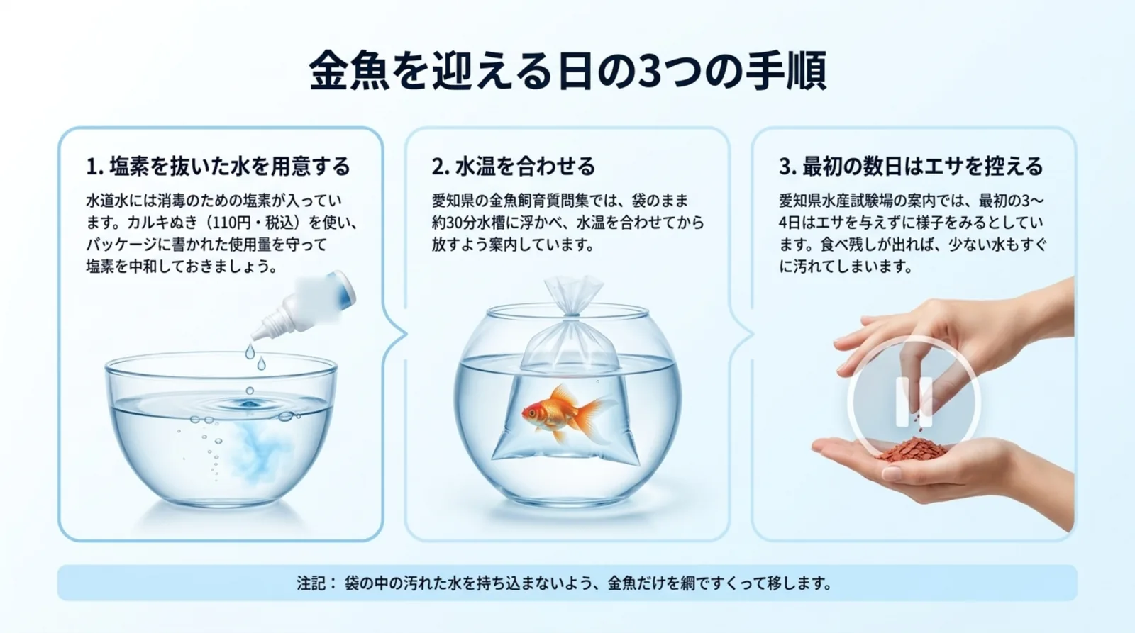 塩素を抜いた水を用意する、袋のまま浮かべて水温を合わせる、最初の数日はエサを控えるという3つの手順を写真つきで並べたスライド