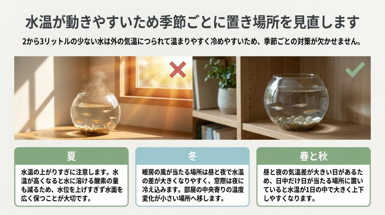 窓際の日なたに置いた金魚鉢と棚に置いた金魚鉢を比べ、夏・冬・春と秋の注意点を並べたスライド