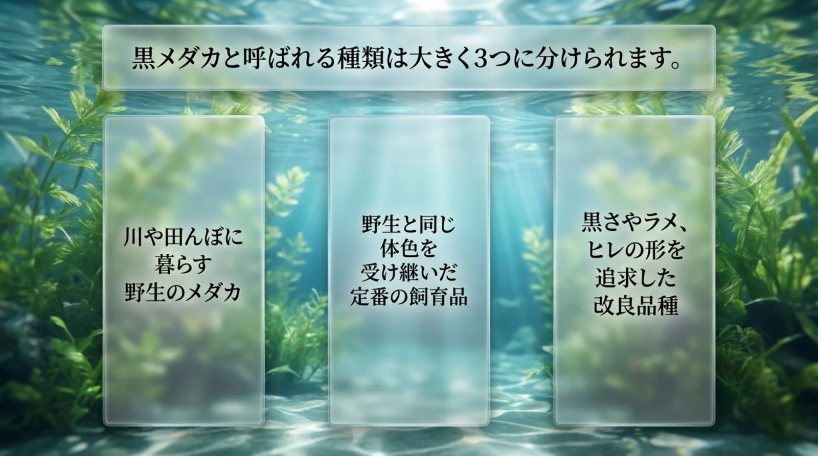 黒メダカを野生のメダカ、定番の飼育品、黒系の改良品種の3つに分けて示したスライド