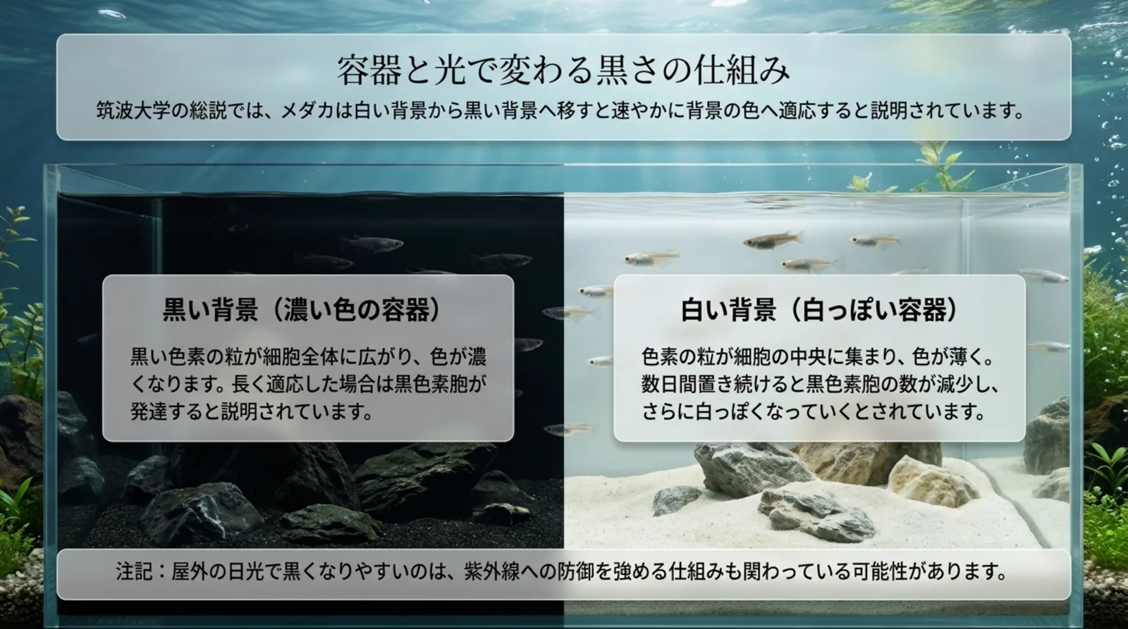 黒い背景の水槽と白い背景の水槽で、メダカの黒色素胞の働きと体色の違いを比べたスライド
