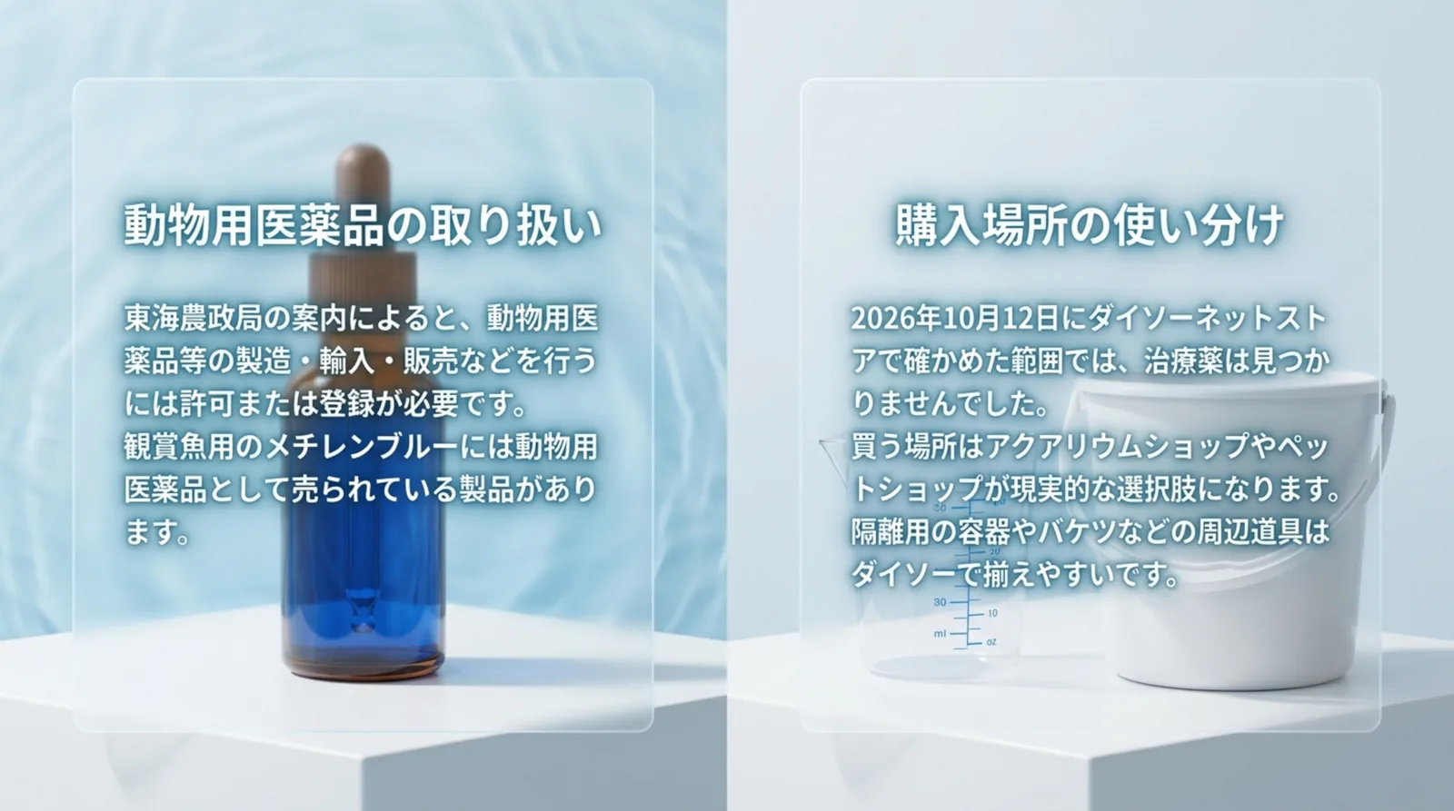 動物用医薬品の販売には許可または登録が必要なことと、薬はアクアリウムショップなどで買い道具はダイソーで揃える使い分けをまとめたスライド