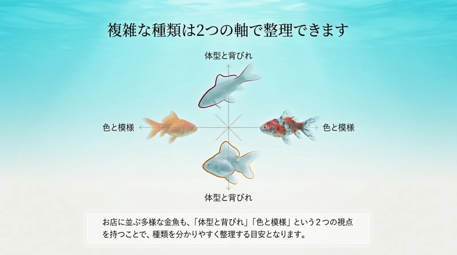 金魚の種類を「体型と背びれ」と「色と模様」の2つの視点で整理する考え方を示したスライド