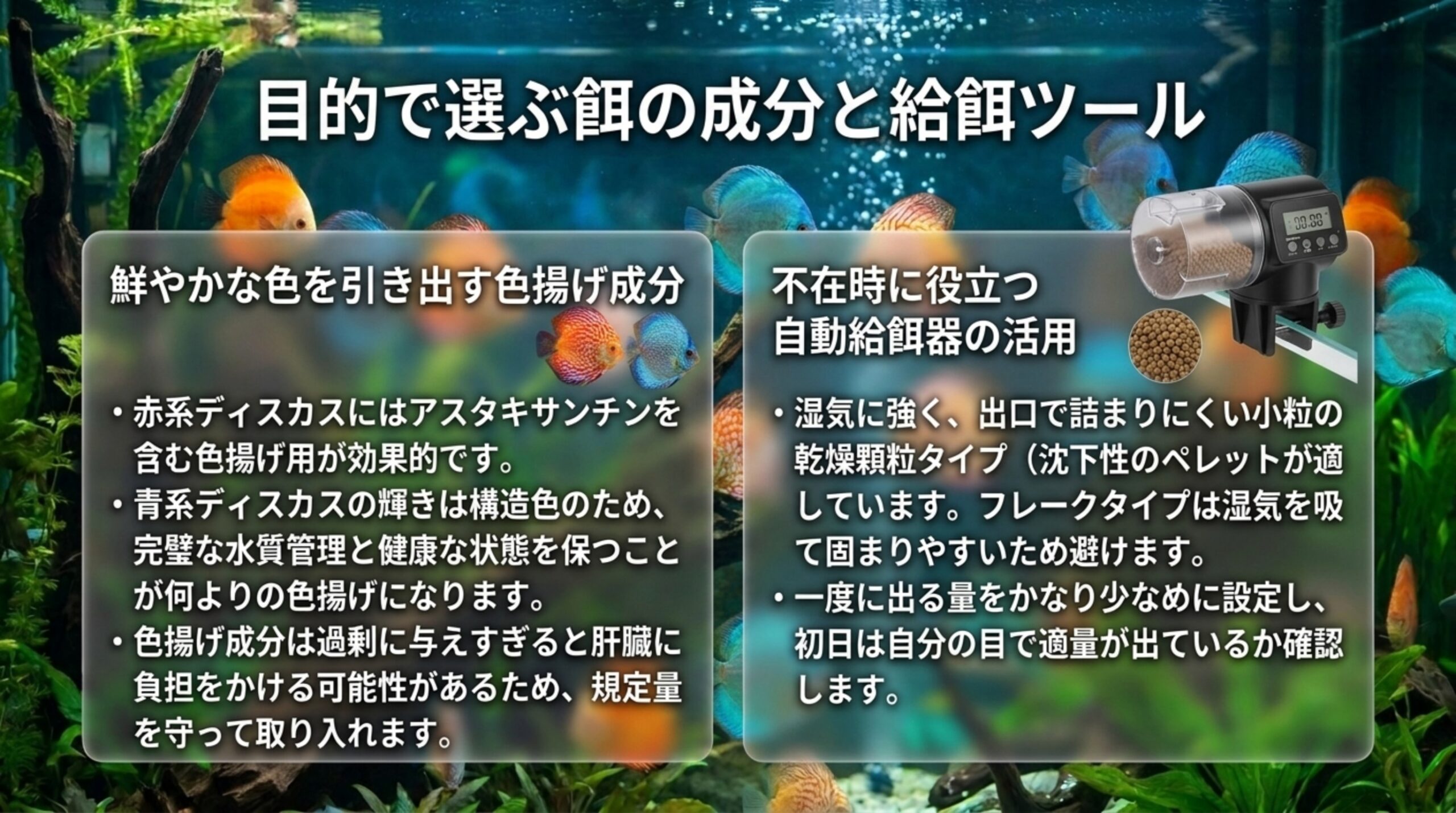 赤系にはアスタキサンチン、青系は構造色のため健康管理が色揚げになることと、自動給餌器には湿気に強い小粒の乾燥顆粒を少なめに設定することをまとめたスライド