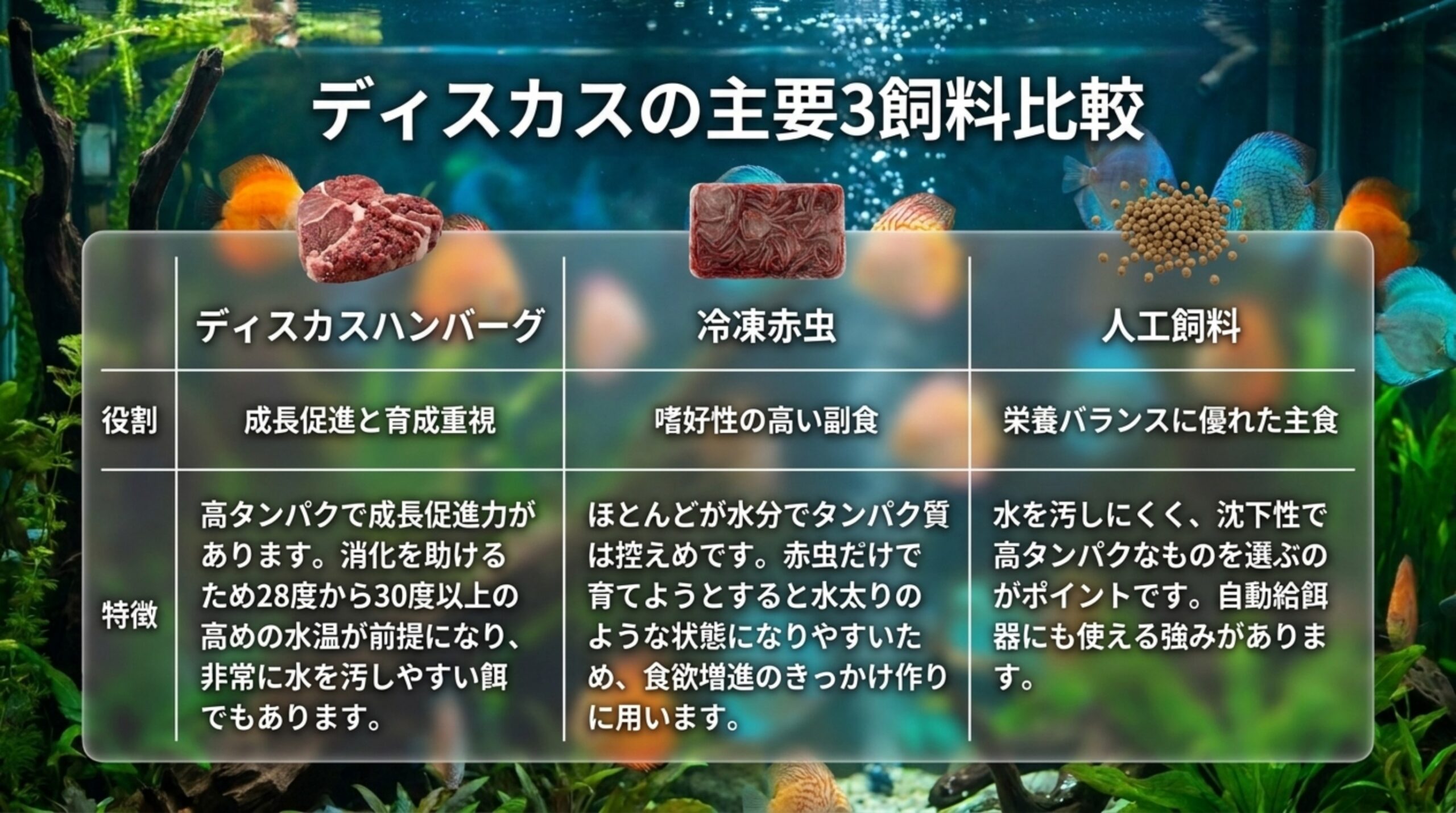 ディスカスハンバーグ・冷凍赤虫・人工飼料の3種類について、成長促進・嗜好性の高い副食・栄養バランスの主食という役割と特徴を並べた比較表のスライド