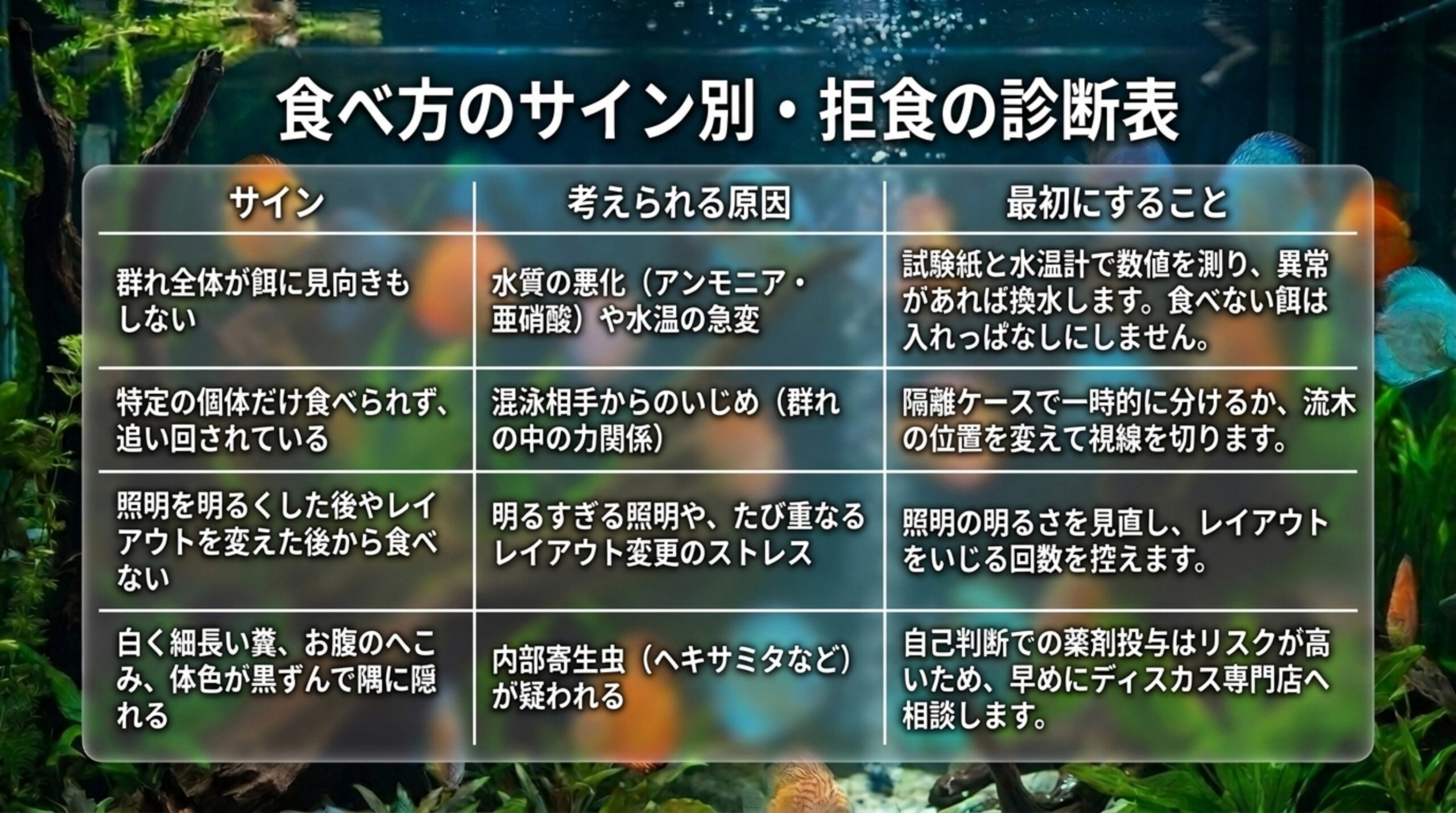 群れ全体が食べない・特定の個体だけ食べられない・照明やレイアウト変更の後から食べない・白く細長い糞などのサインごとに、考えられる原因と最初にすることを並べた表のスライド