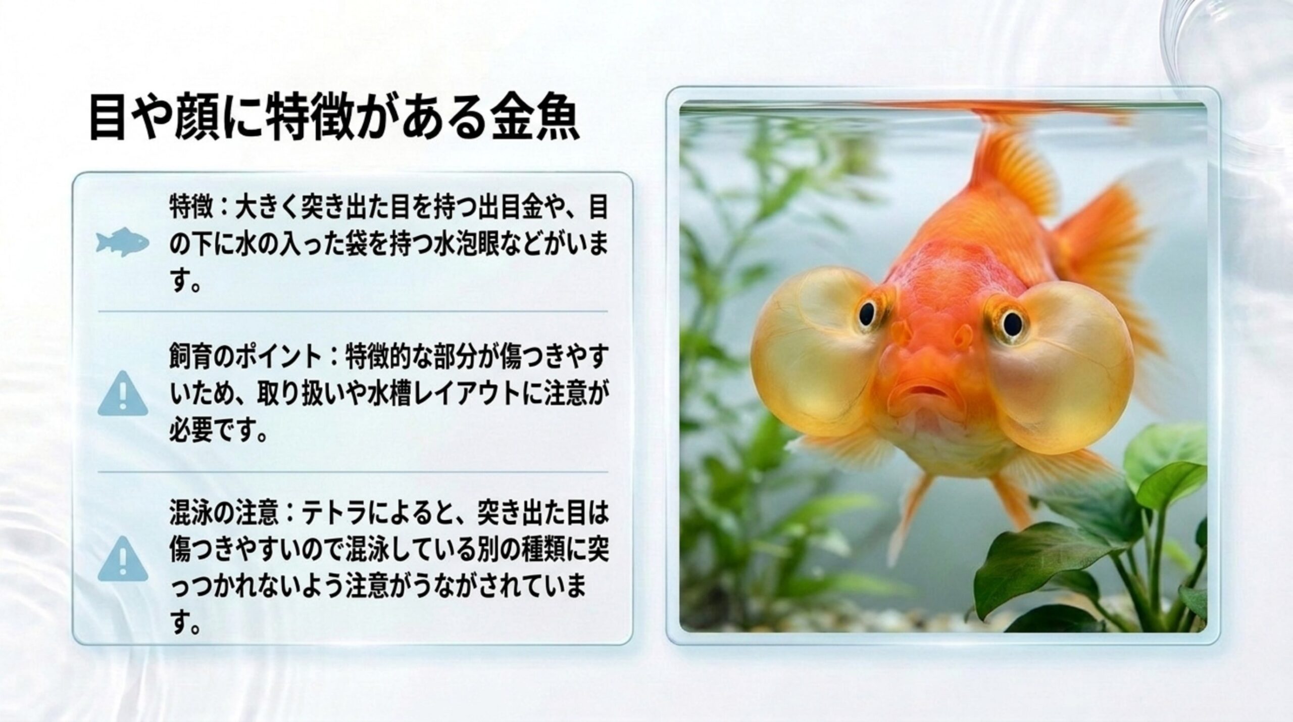 出目金や水泡眼など目に特徴がある金魚と、傷つきやすい部分への注意・混泳の注意をまとめたスライド