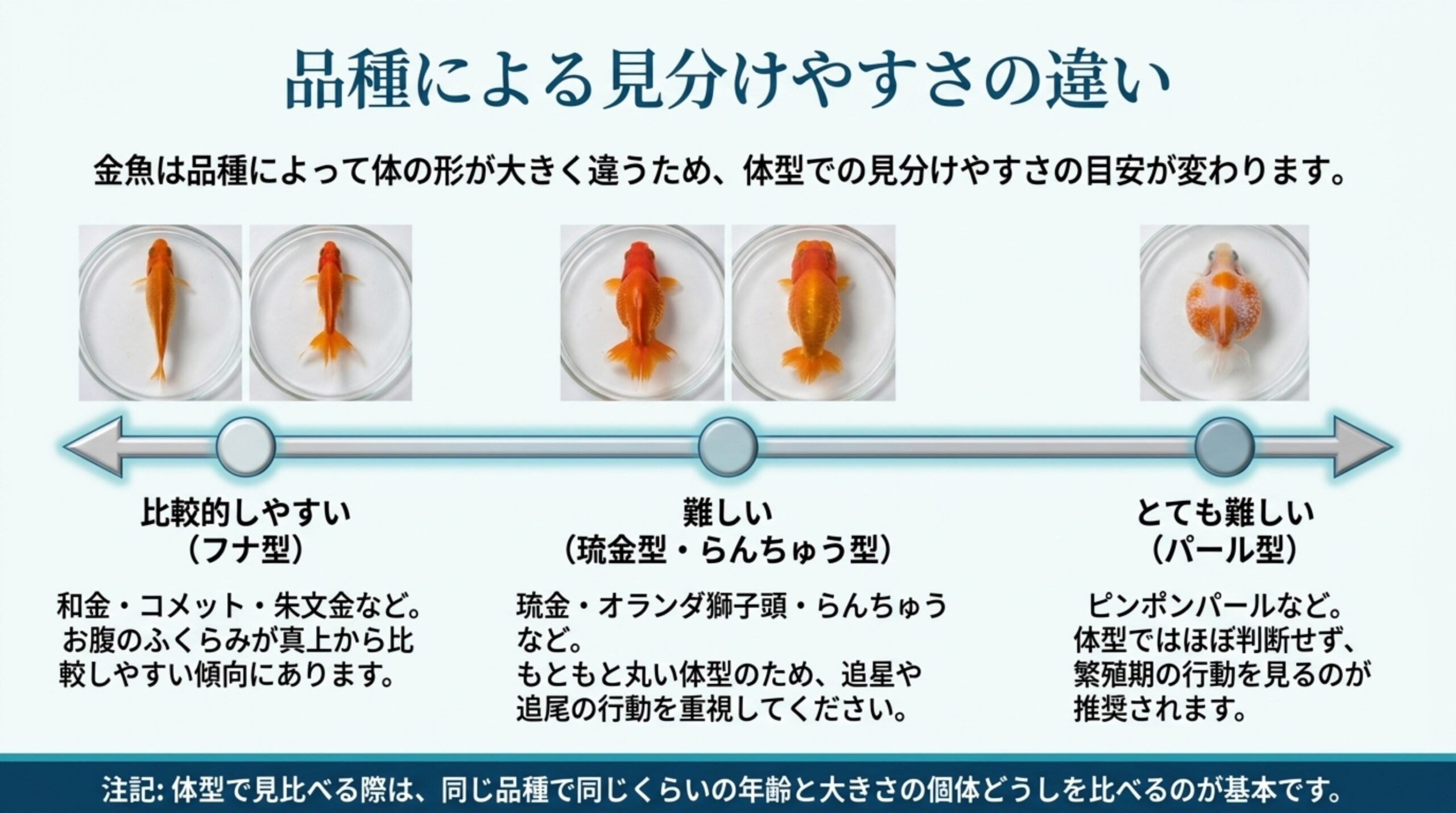フナ型・琉金型やらんちゅう型・パール型の順に、体型でのオスメスの見分けやすさを並べたスライド