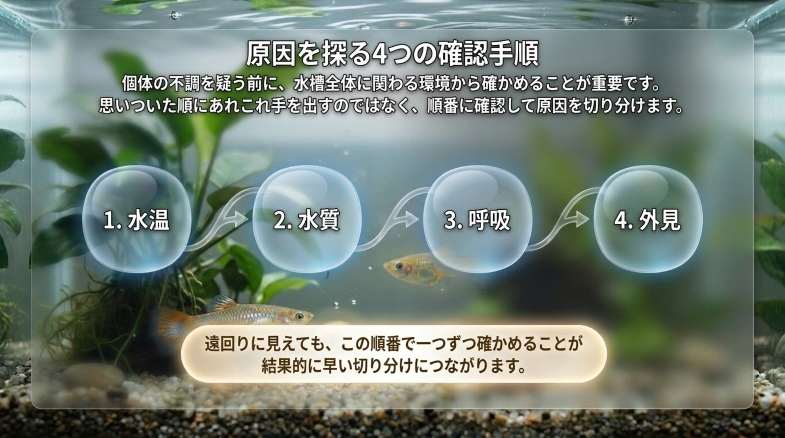水温、水質、呼吸、外見の順に確認する4つの手順を矢印でつないだスライド