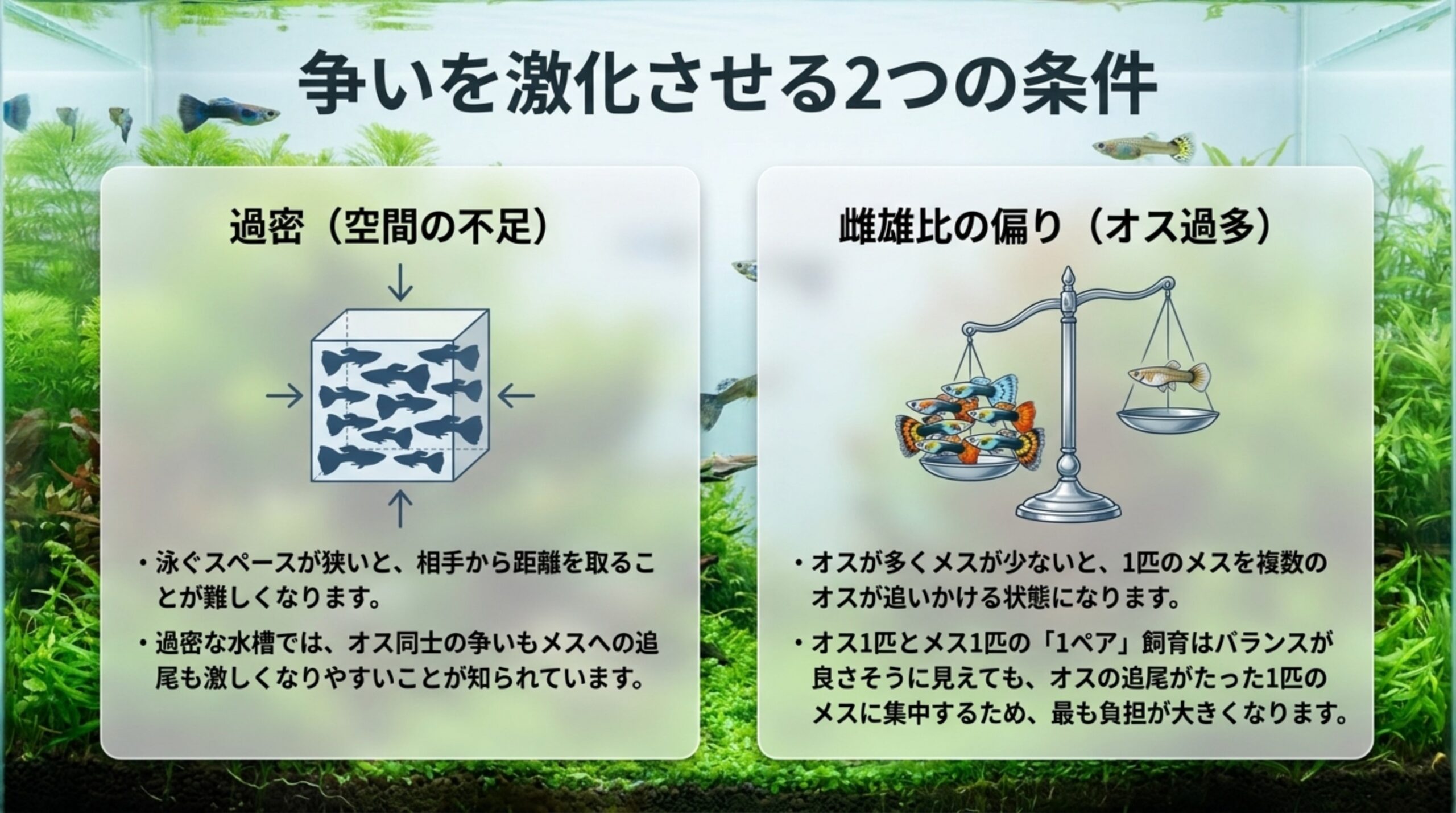 過密な水槽とオスが多い雌雄比の偏りが、グッピーの追尾や争いを激しくする理由をまとめたスライド