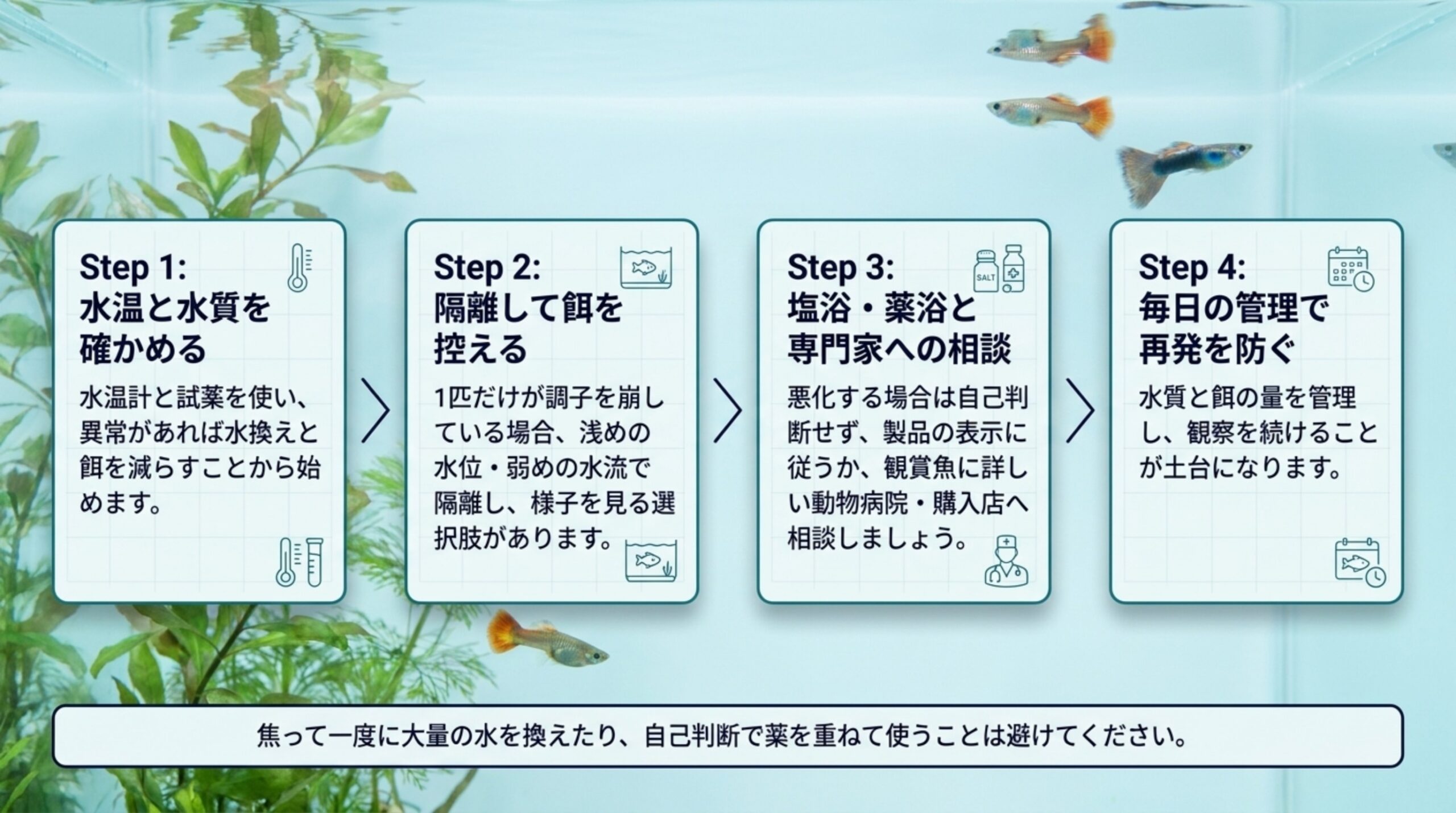 水温と水質の確認、隔離と餌を控える、塩浴・薬浴と専門家への相談、毎日の管理の4つの手順を順に示したスライド