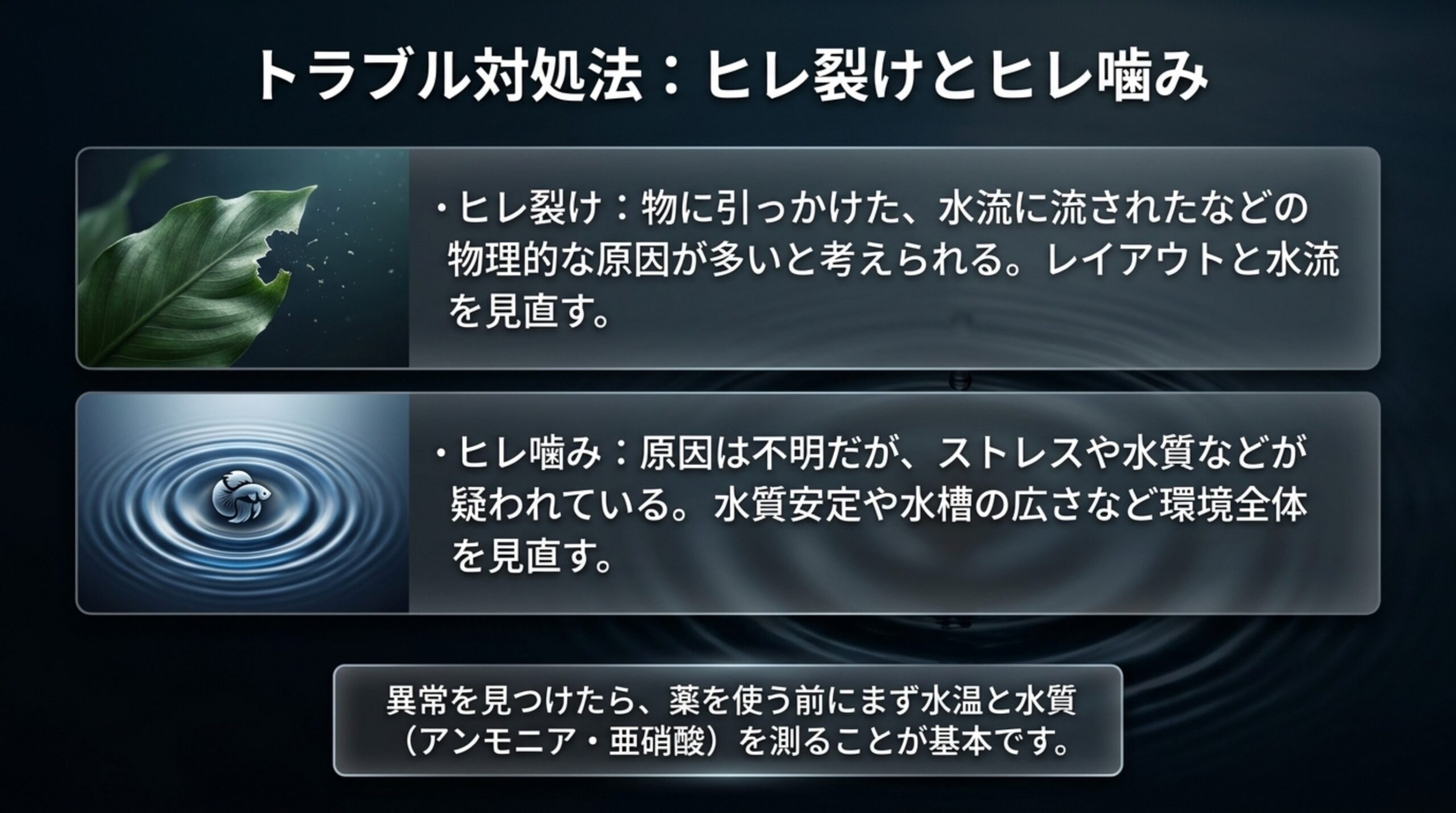ヒレ裂けは物理的な原因、ヒレ噛みはストレスや水質が疑われることと、まず水温と水質を測る手順を示したスライド