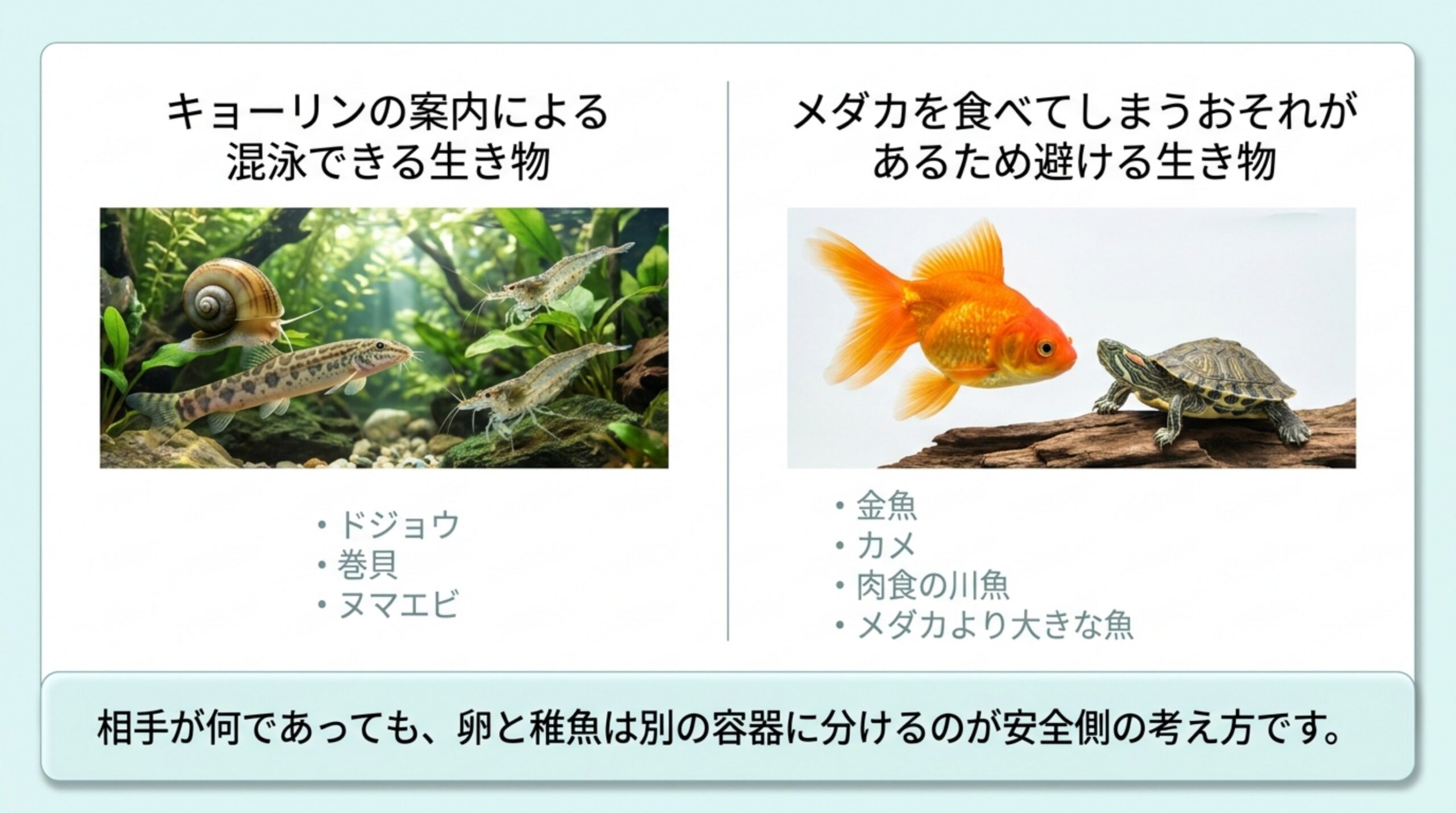 キョーリンが混泳できると案内するドジョウ・巻貝・ヌマエビと、避けたい金魚・カメ・肉食の川魚を左右に並べたスライド