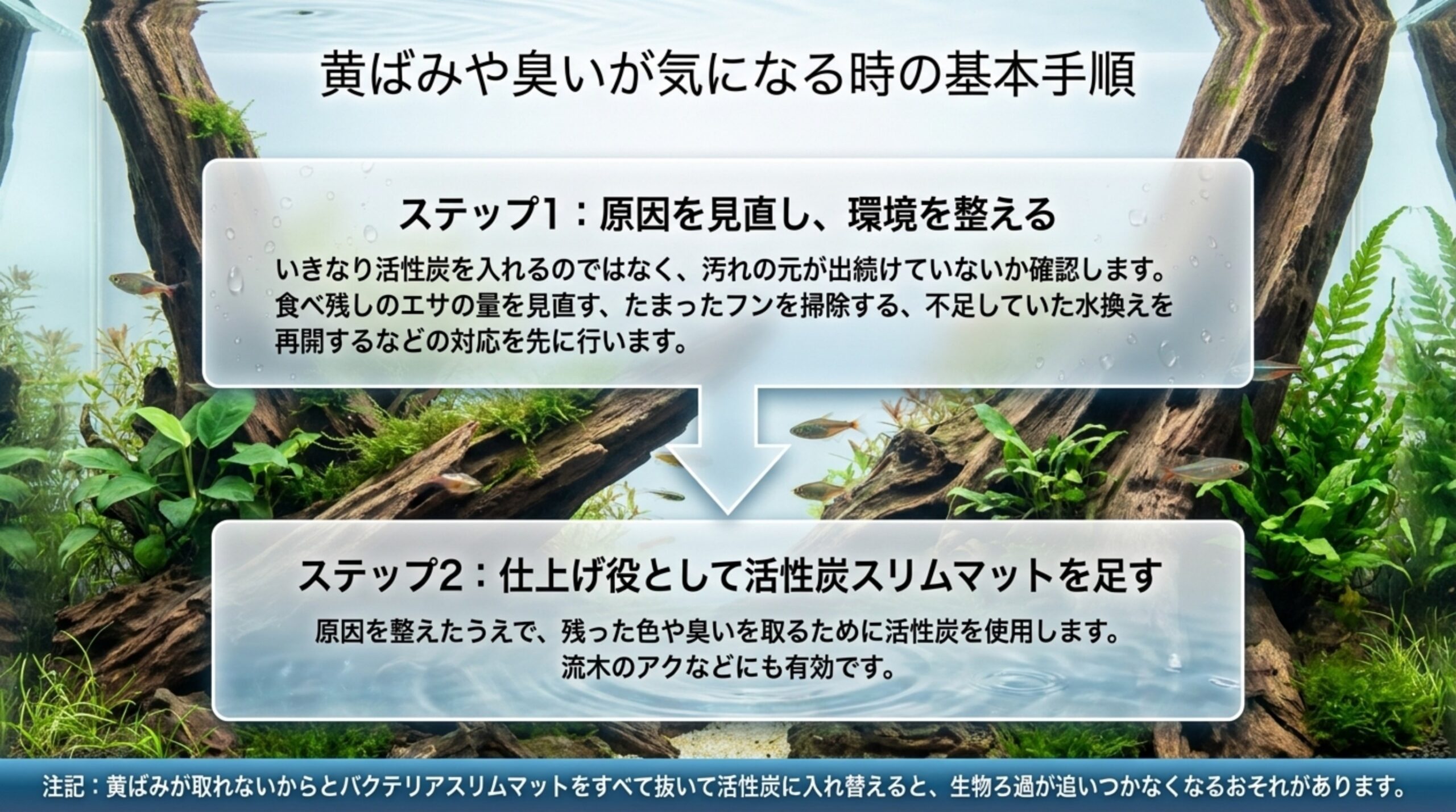 黄ばみや臭いが気になるとき、まず原因を見直してから仕上げ役として活性炭スリムマットを足す2段階の手順を示したスライド