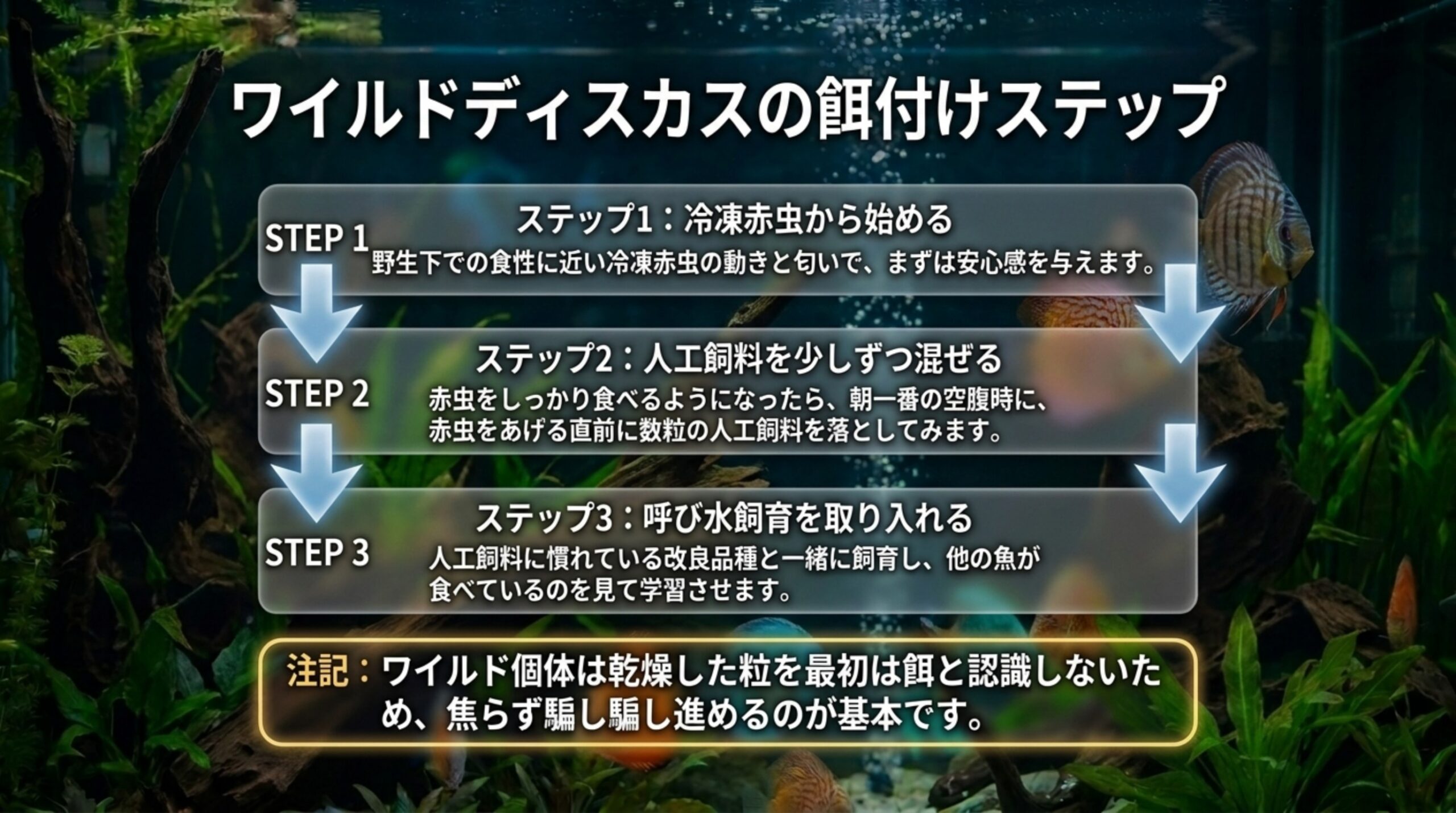 冷凍赤虫から始め、朝一番に人工飼料を数粒混ぜ、人工飼料に慣れた改良品種と一緒に飼う呼び水飼育へ進むワイルドディスカスの餌付けを3段階で示したスライド