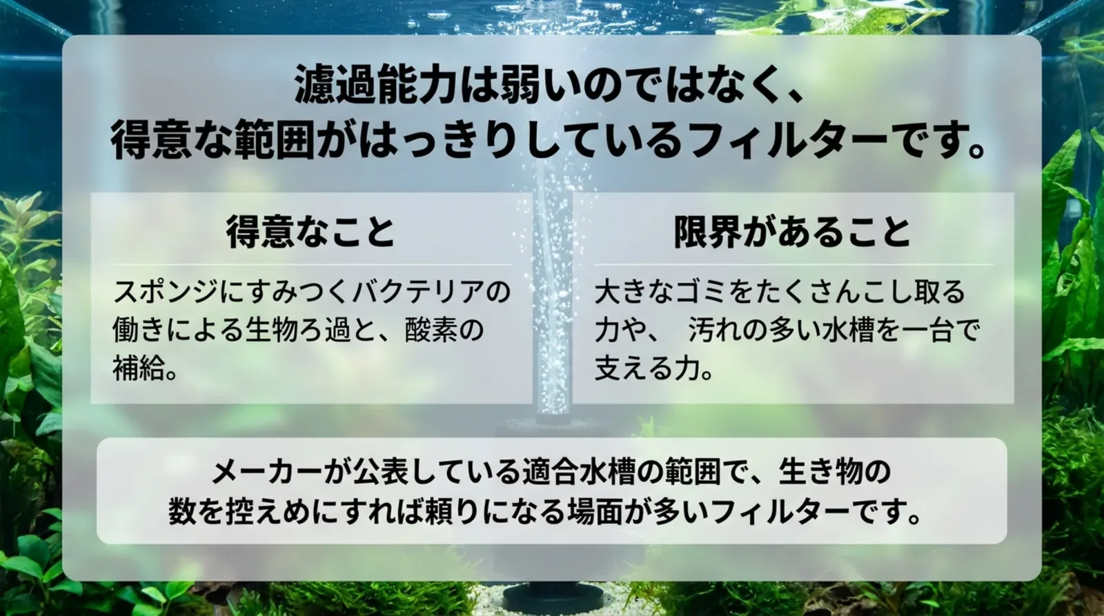 生物ろ過と酸素の補給が得意で、大きなゴミのこし取りや汚れの多い水槽を一台で支える力には限界がある、というスポンジフィルターの性格をまとめたスライド