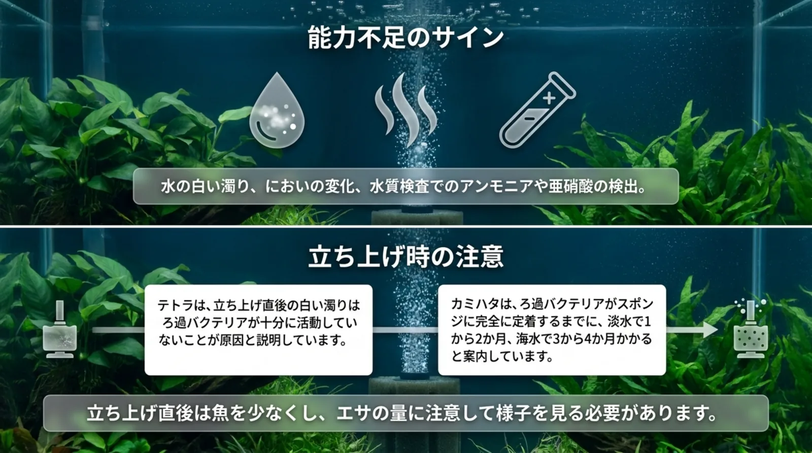 水の白い濁り・においの変化・アンモニアや亜硝酸の検出という能力不足のサインと、バクテリアが定着するまでの立ち上げ時の注意をまとめたスライド