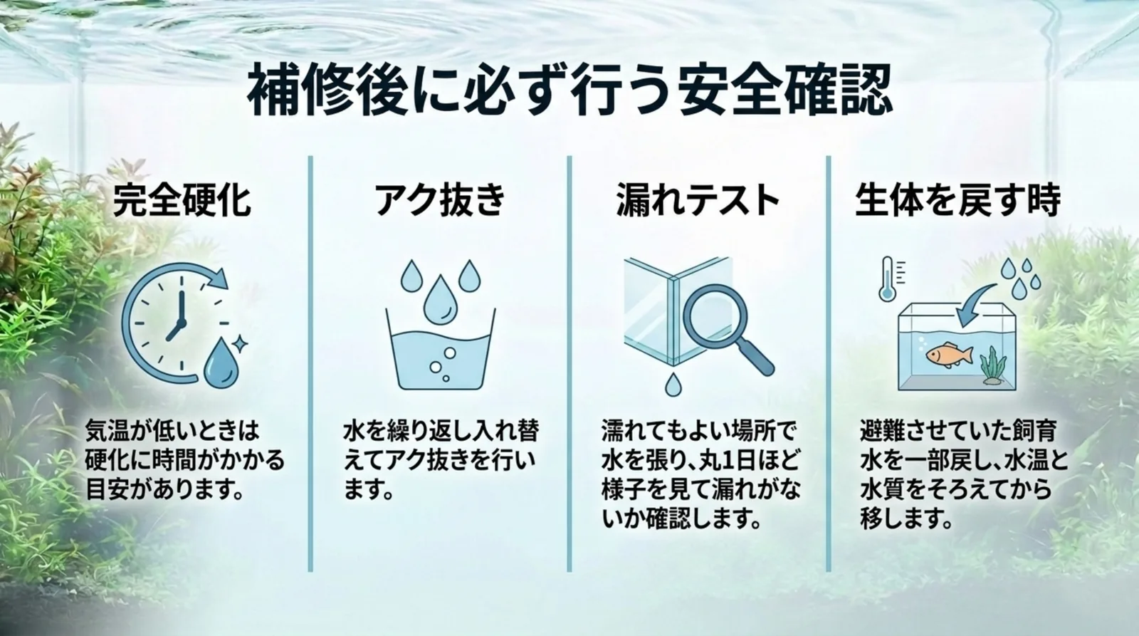 完全硬化・アク抜き・漏れテスト・生体を戻すときの4つの確認を、時計や水槽のイラストとともに並べたスライド