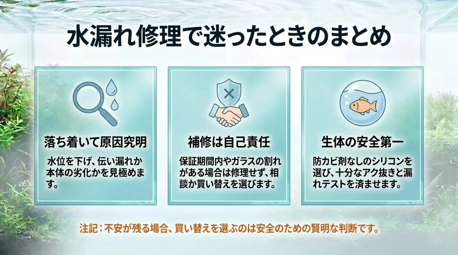 落ち着いて原因を確かめる・補修は自己責任・生体の安全を第一にという3つの要点をまとめたスライド